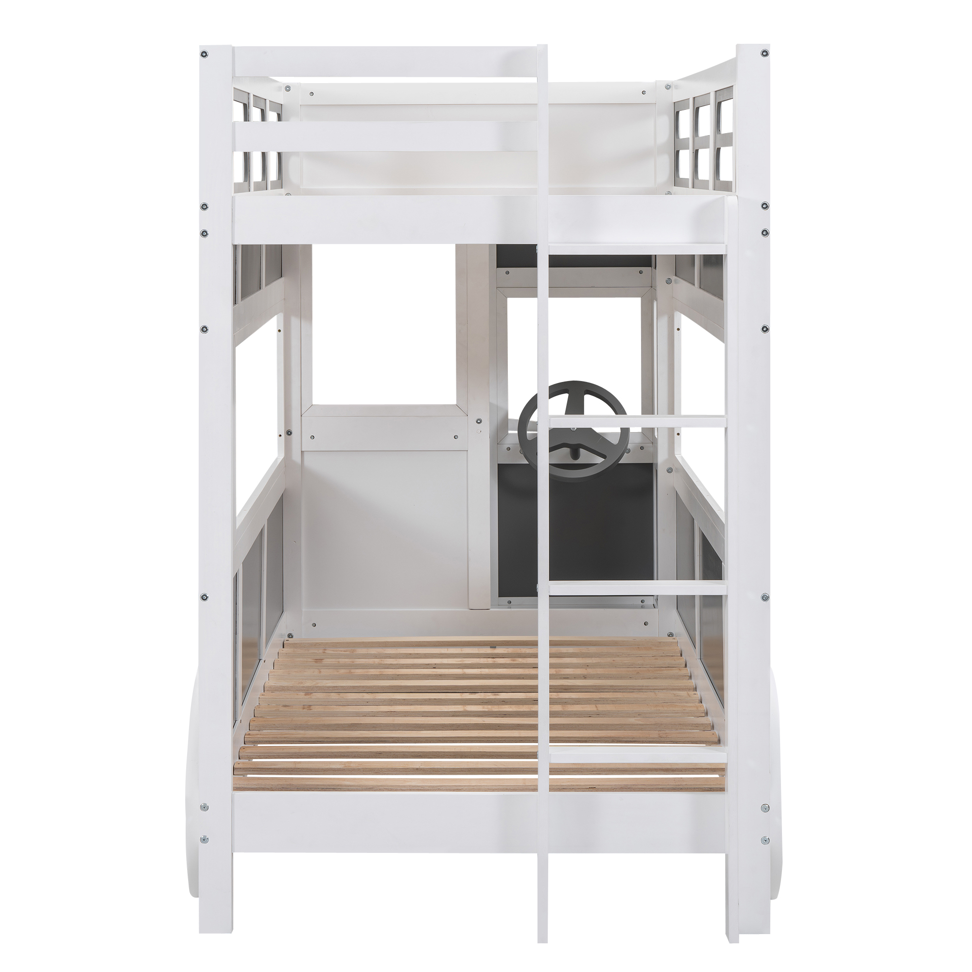 Twin over Twin Bus-shaped Bunk Bed with Wheels and Storage, Gray+White 
