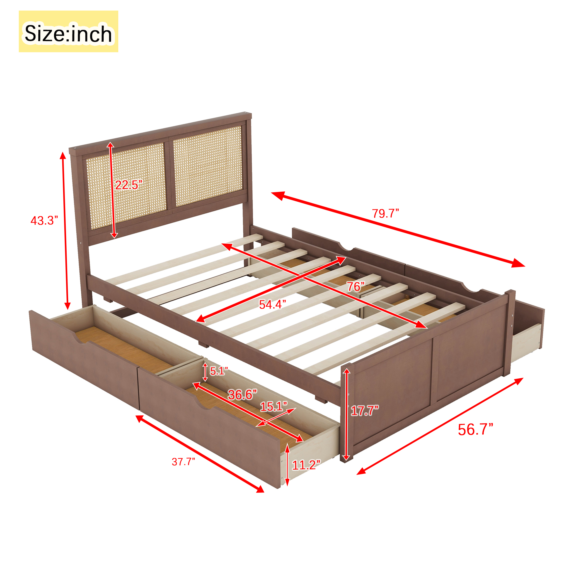 Queen/Full Size Wood Storage Platform Bed with 4 Drawers, Rattan Headboard, Espresso/Nature 