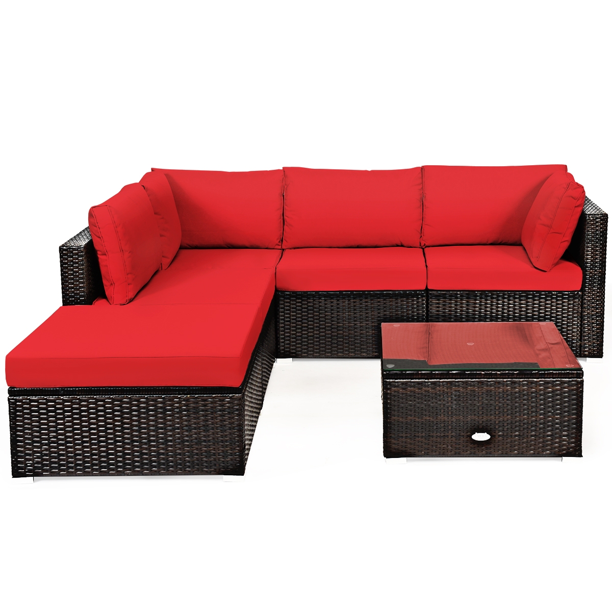 Mondawe 6 Pieces Outdoor Patio Rattan Furniture Set Sofa Ottoman-Red-Mondawe