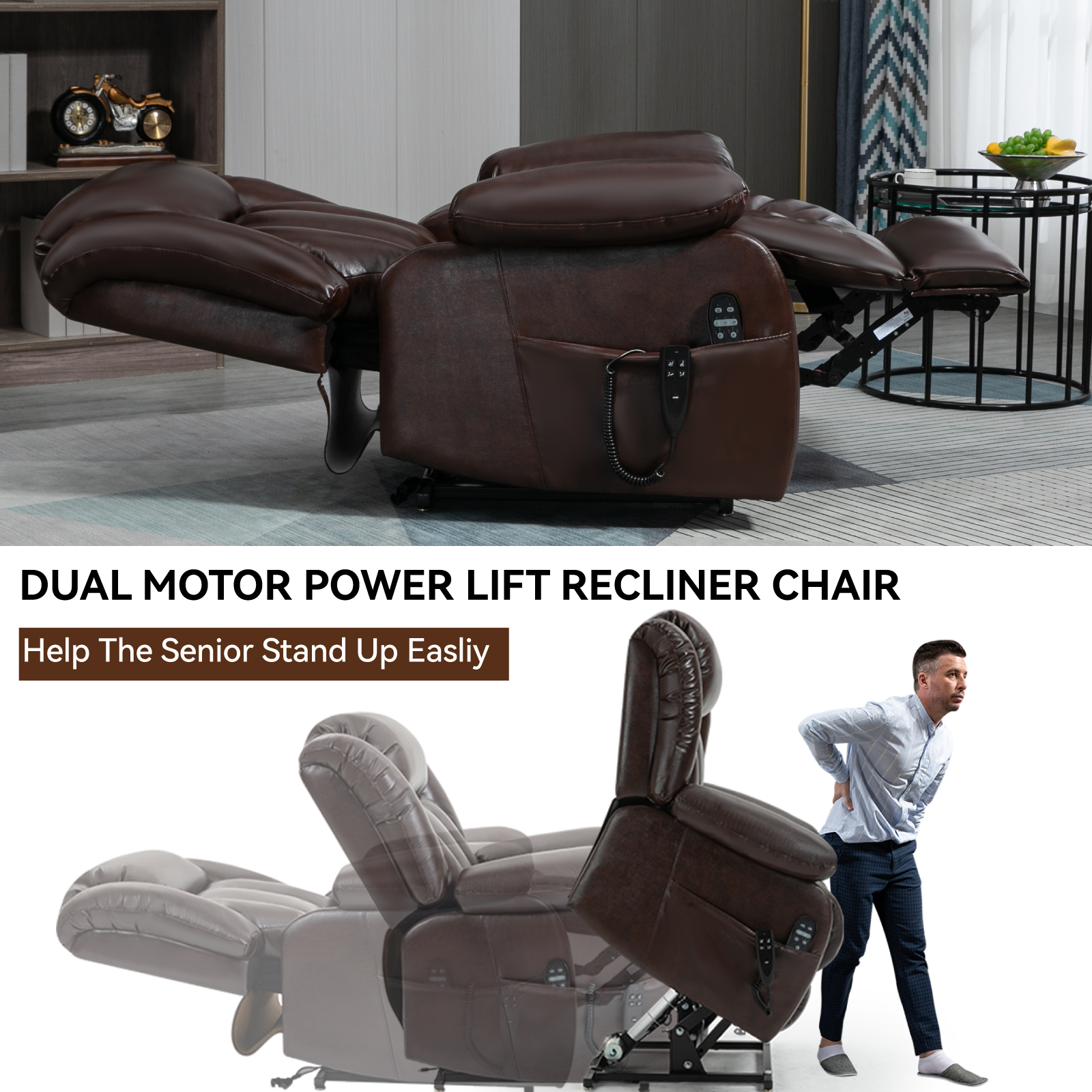 Dual Motor Infinite Position Up to 350 LBS Electric Medium size Brown/Gray/Black/Antique Brown Power Lift Recliner Chair with 8-Point Vibration Massage and Lumbar Heating