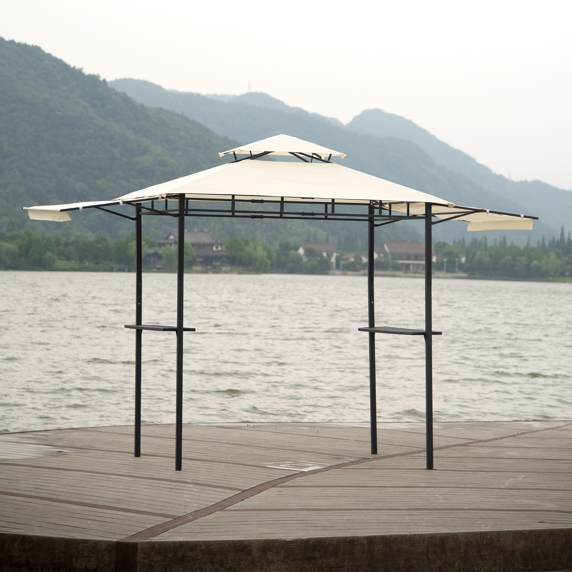 Mondawe 12Ft.Lx4.3Ft.W Iron Double Tiered Backyard Patio BBQ Grill Gazebo with Bar Counters Beige-Mondawe