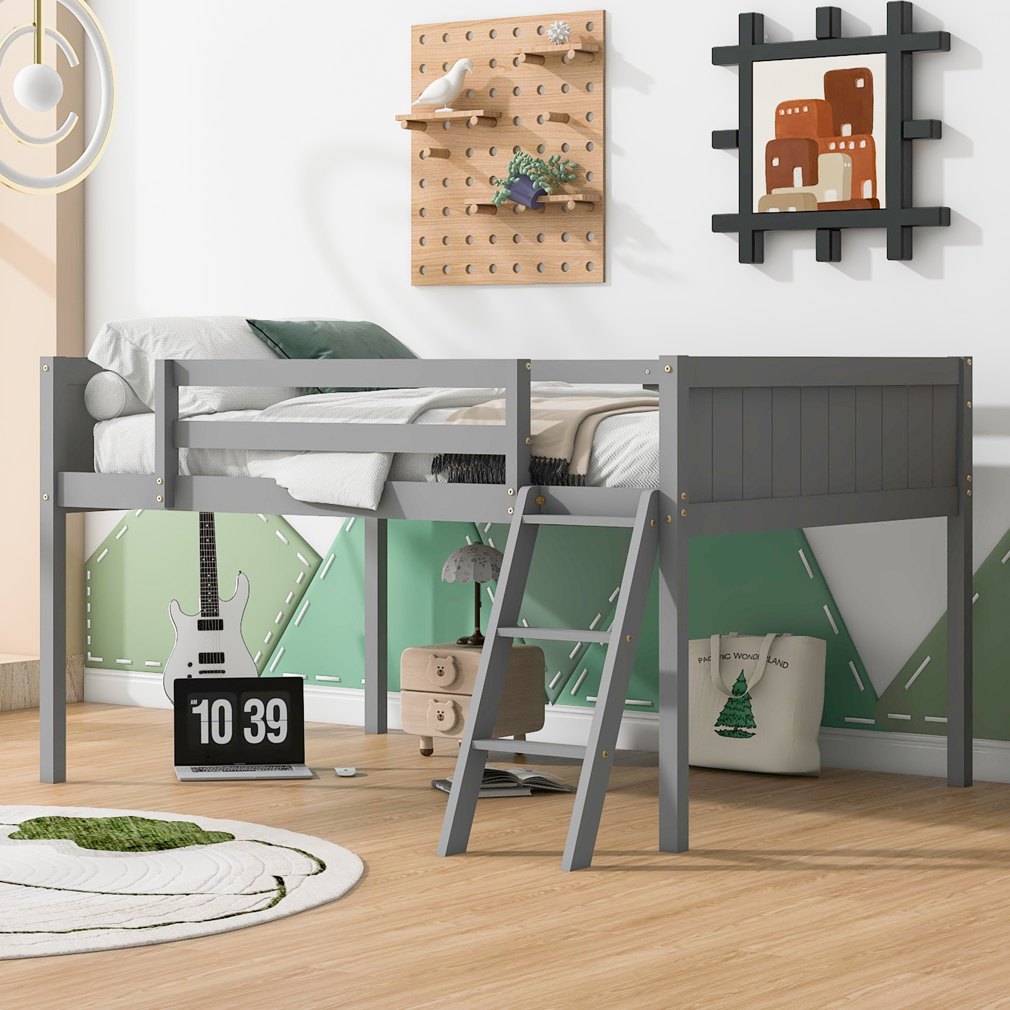 Full Size Wood Low Loft Bed with Ladder, ladder can be placed on the left or right, Gray/White
