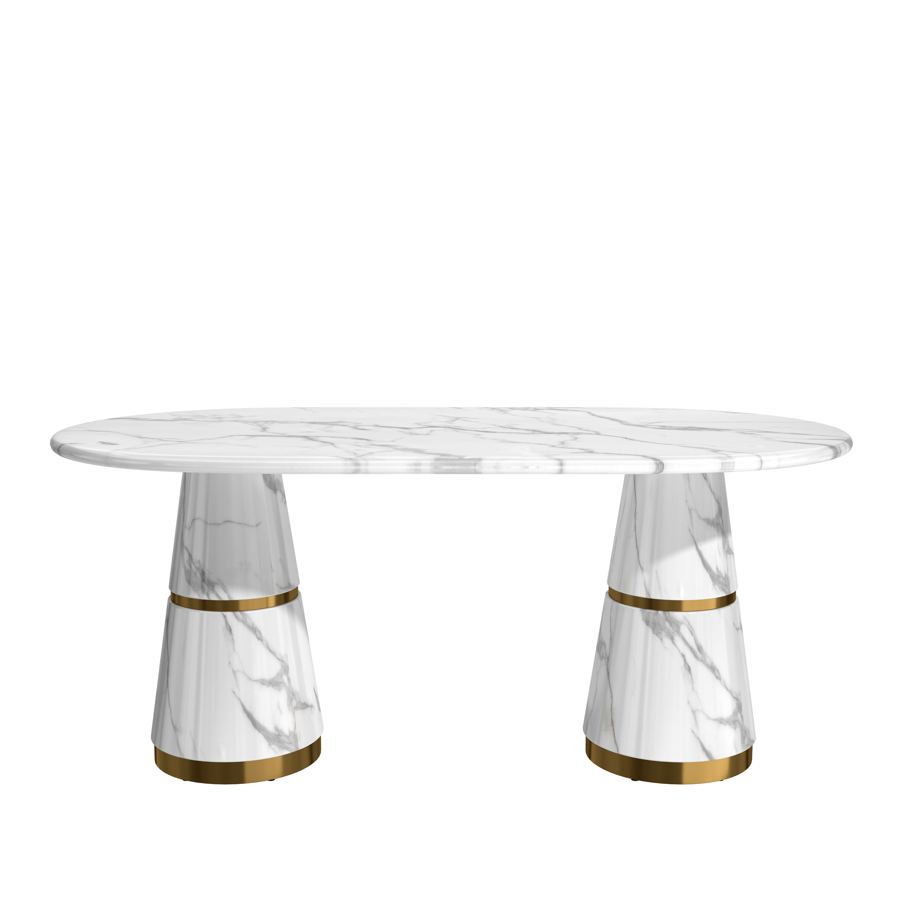 White Marble Top 70 in. W Conical Base Column Dining Table Seats-6 with Adjustable Foot Nails