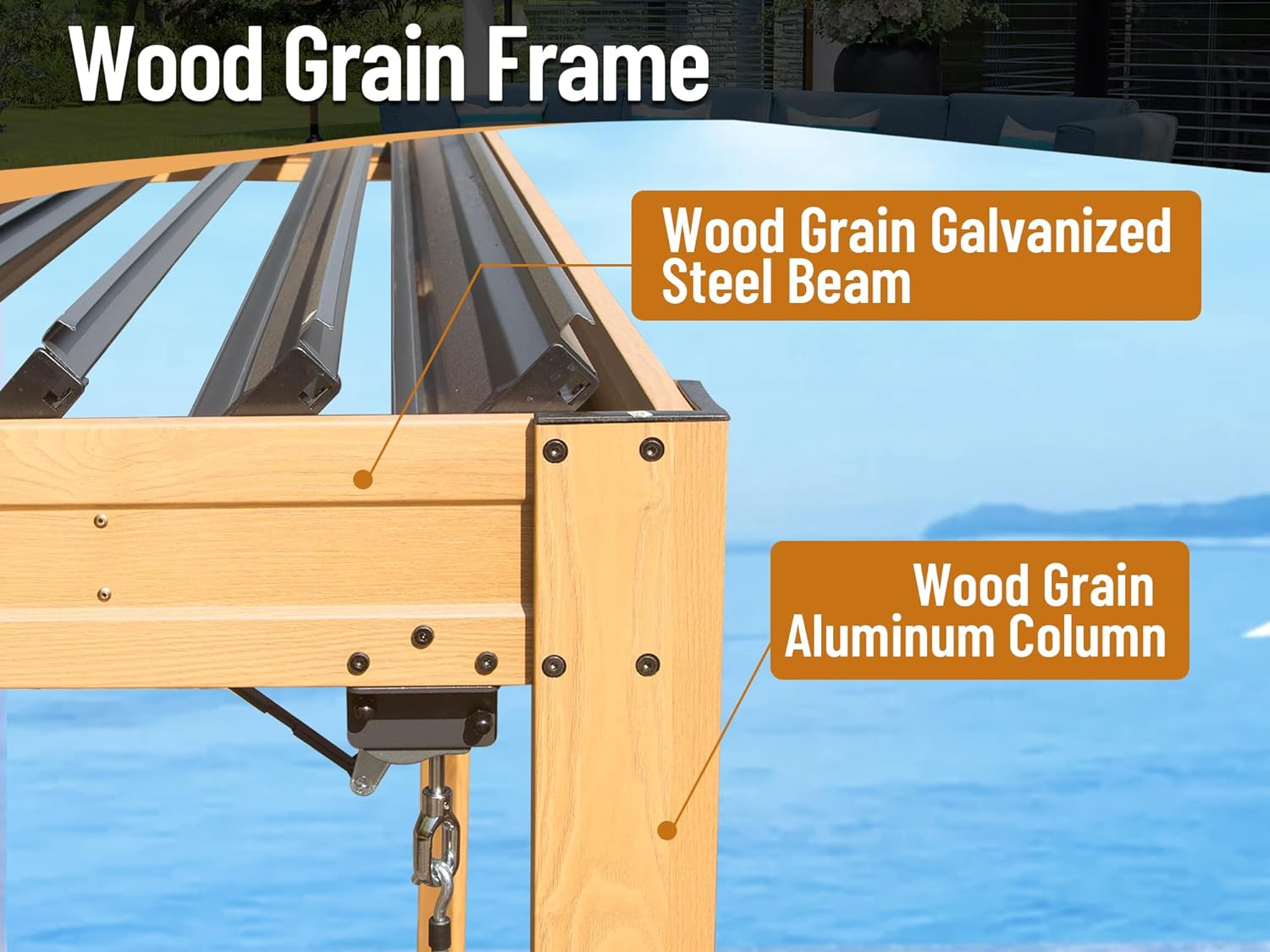 Louvered Pergola 10X20FT, Wood Grain Aluminum Pergola with Adjustable Roof, Wood Looking Aluminum Frame, Efficient Drainage System, Outdoor Pergola for Patio, Deck, Garden