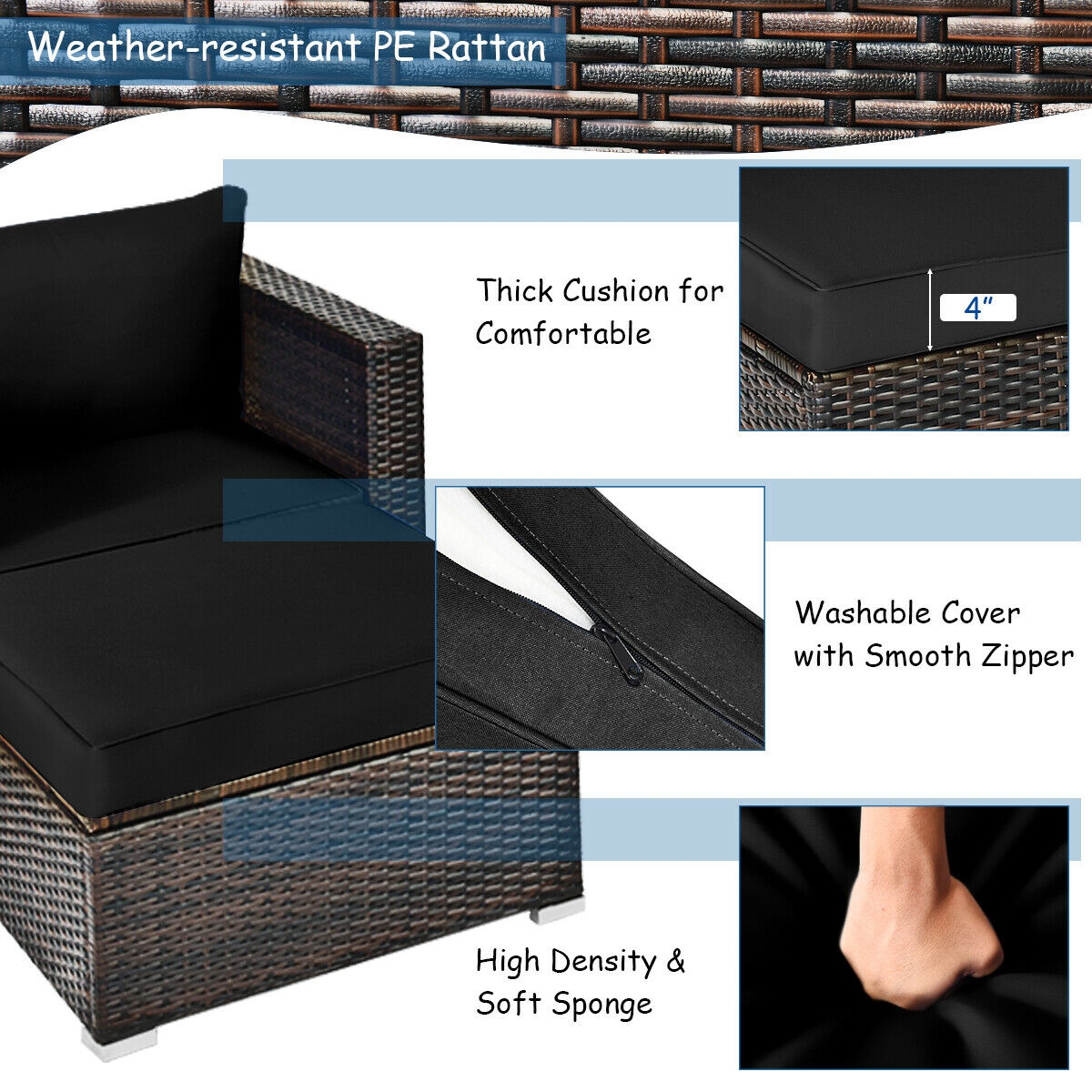 Mondawe 6 Pcs Patio Rattan Furniture Set with Sectional Cushion-Black-Mondawe