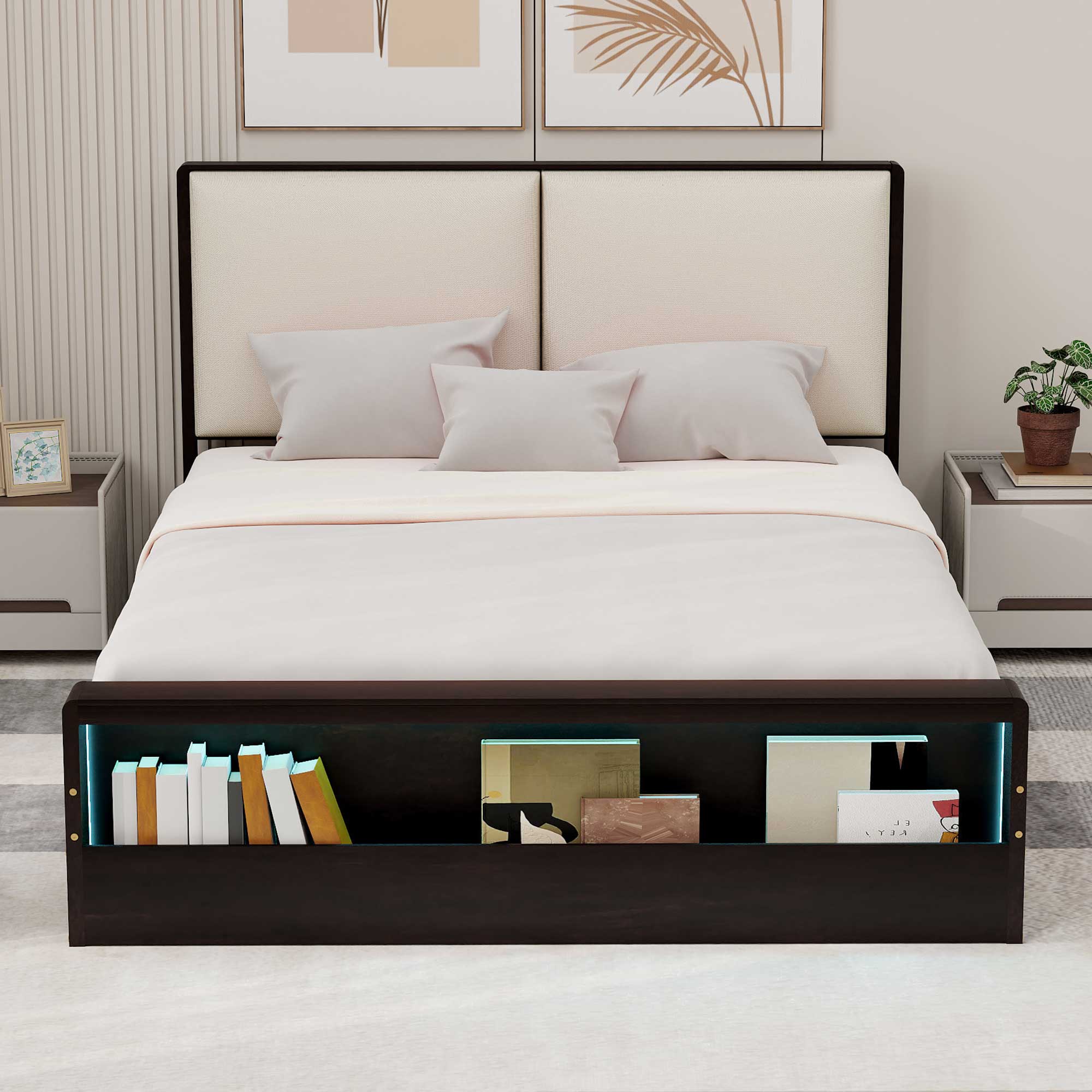 King/Queen Size Platform Bed Frame with Upholstery Headboard and Bookshelf in Footboard and LED Light Strips, Espresso