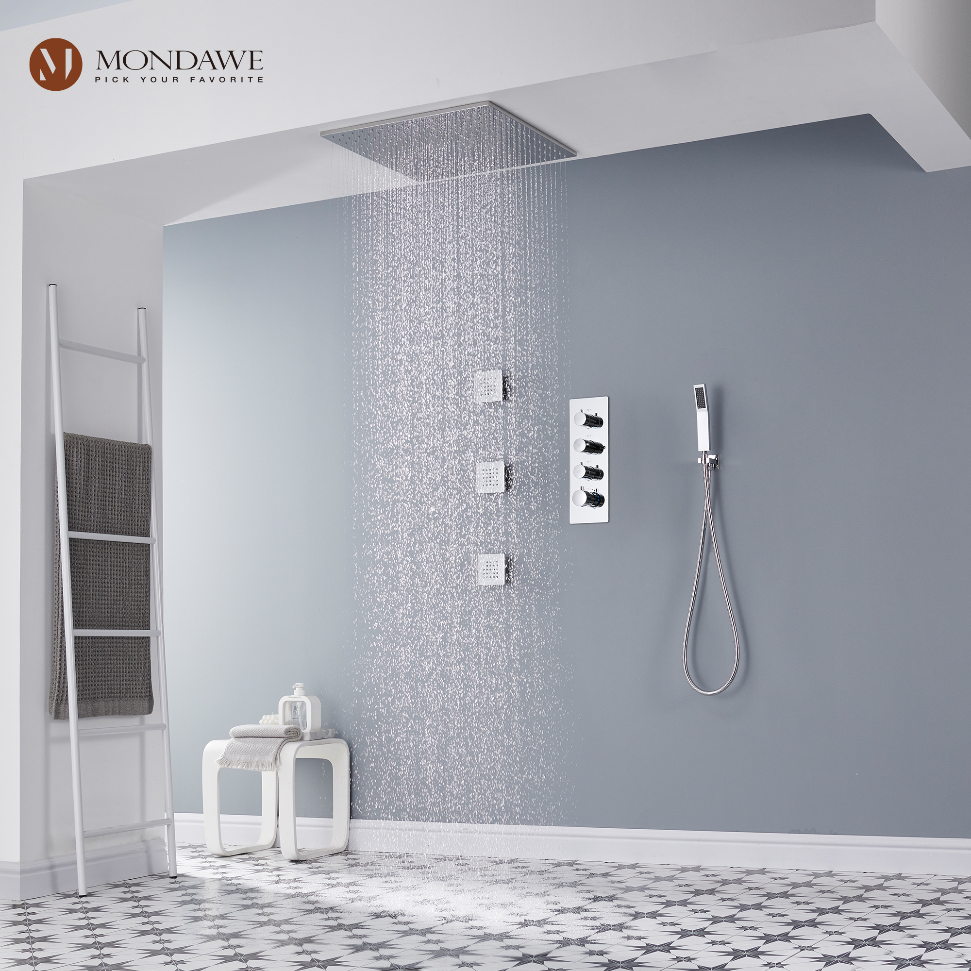 20 Inch Ceiling Mounted Rain Shower Head System Luxury 3-Spray Patterns Thermostatic Shower Faucets Sets Complete with 3-Function Shower Head and Solid Brass Handshower-Mondawe