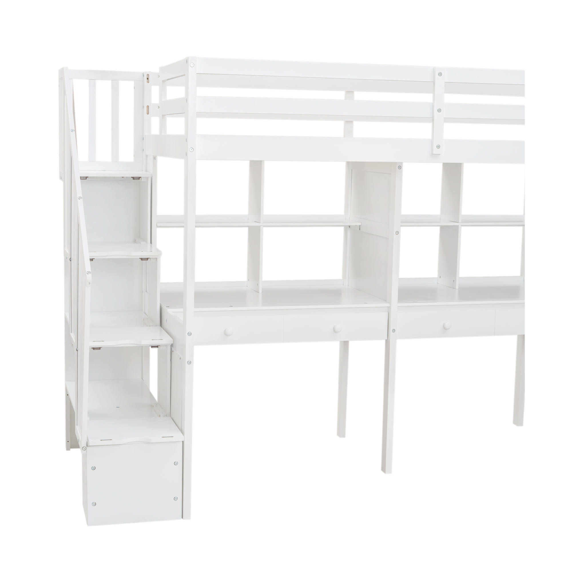 Twin Size Loft Bed Frame with Storage Staircase and Double Desks and Shelves,Gray/White