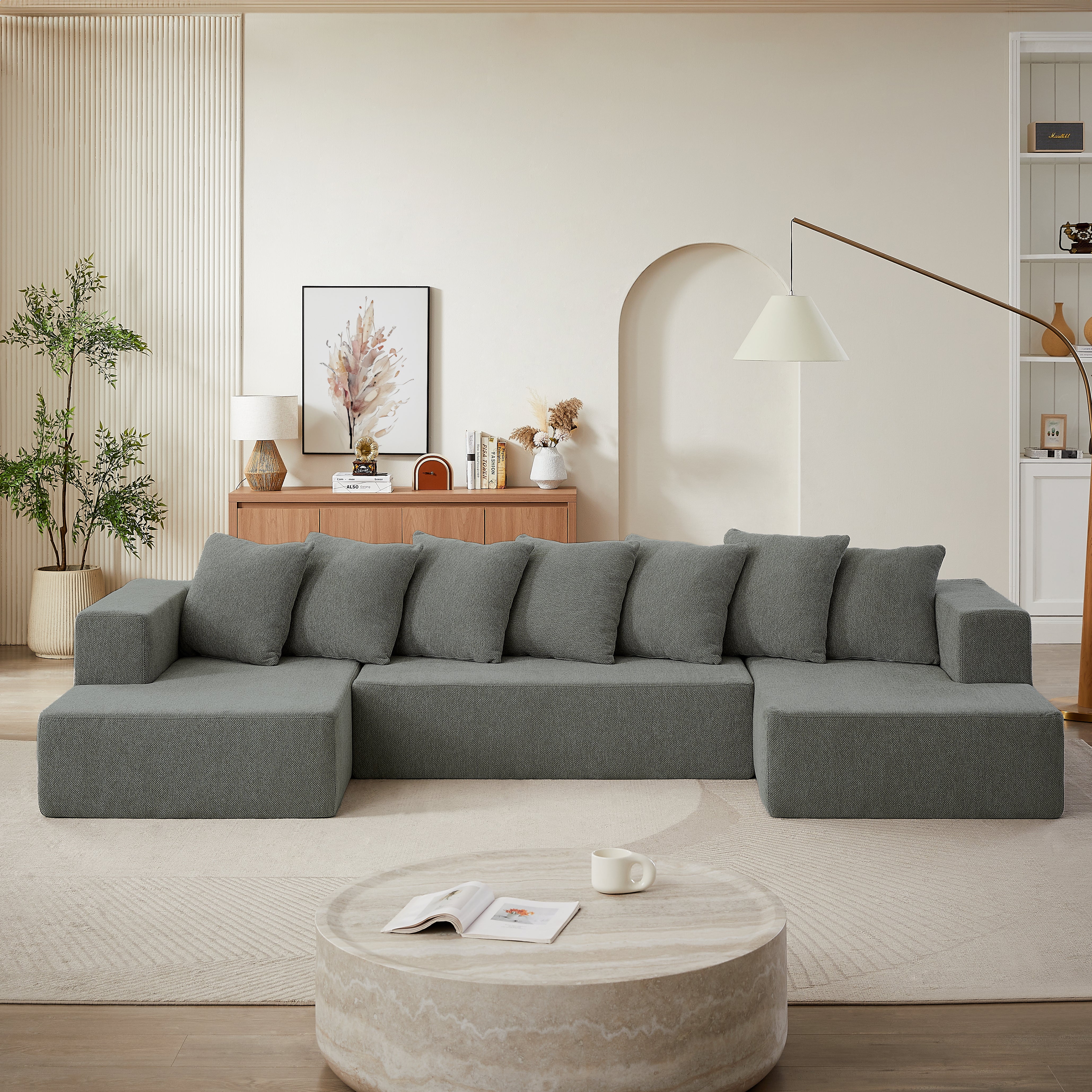 Chenille U-Shaped Sectional Sofa Set - Thumbnail 5
