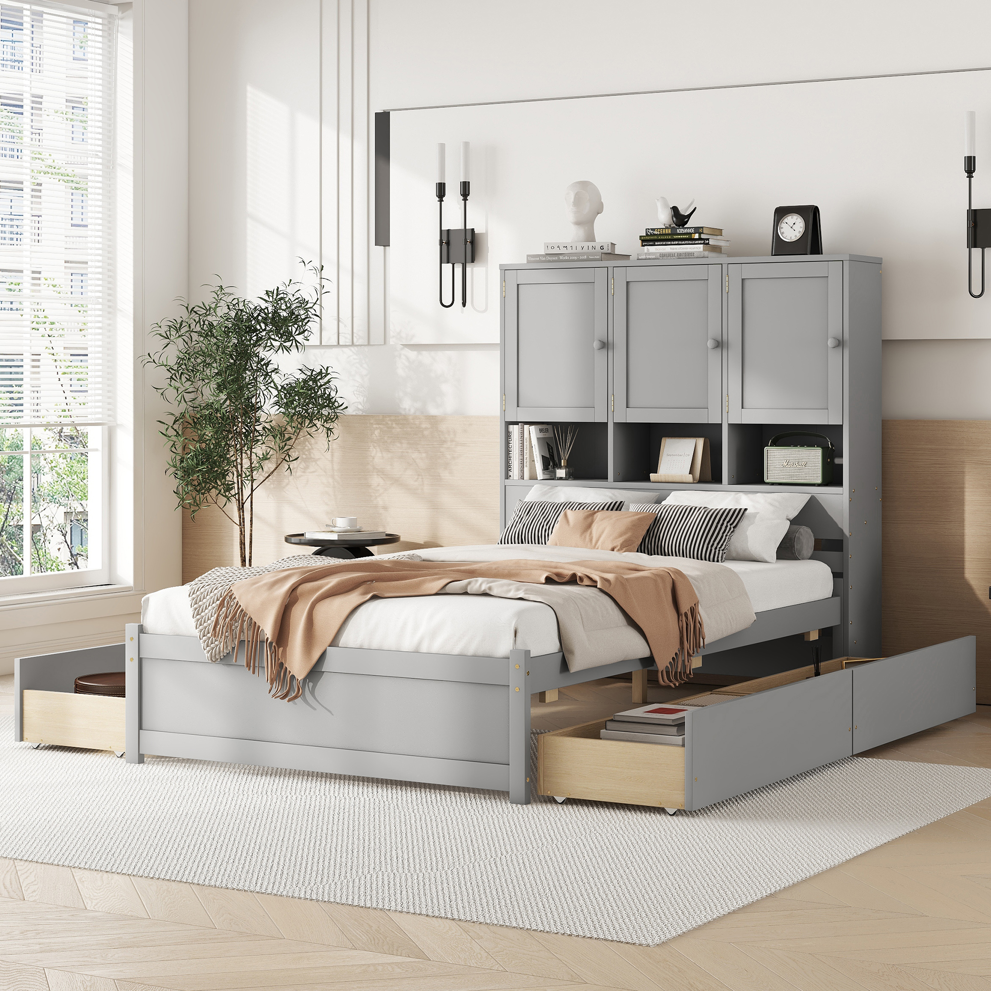 Full/Queen Size Platform Bed with Storage Headboard and 4 Drawers, Gray/White