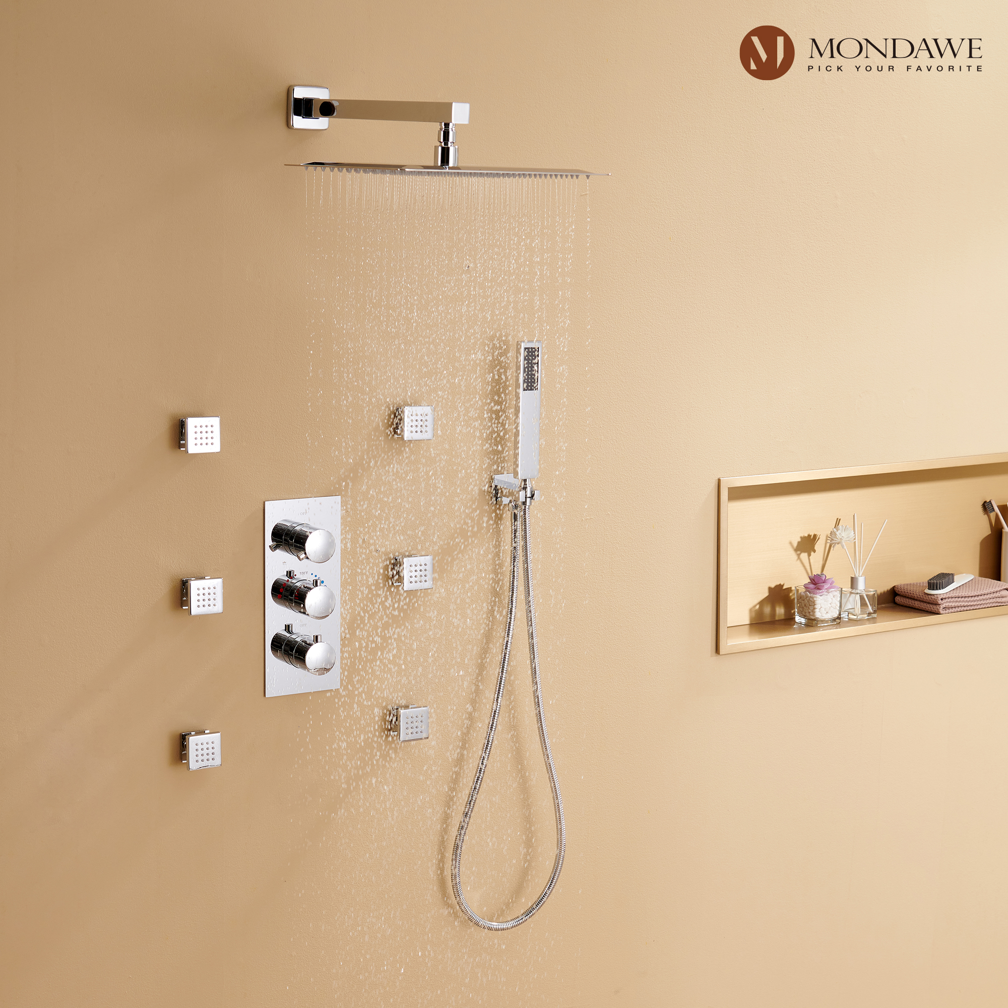 Mondawe Wall Mount Thermostatic Rain Head Shower System with Handheld Shower and Wall Body Jets-Mondawe