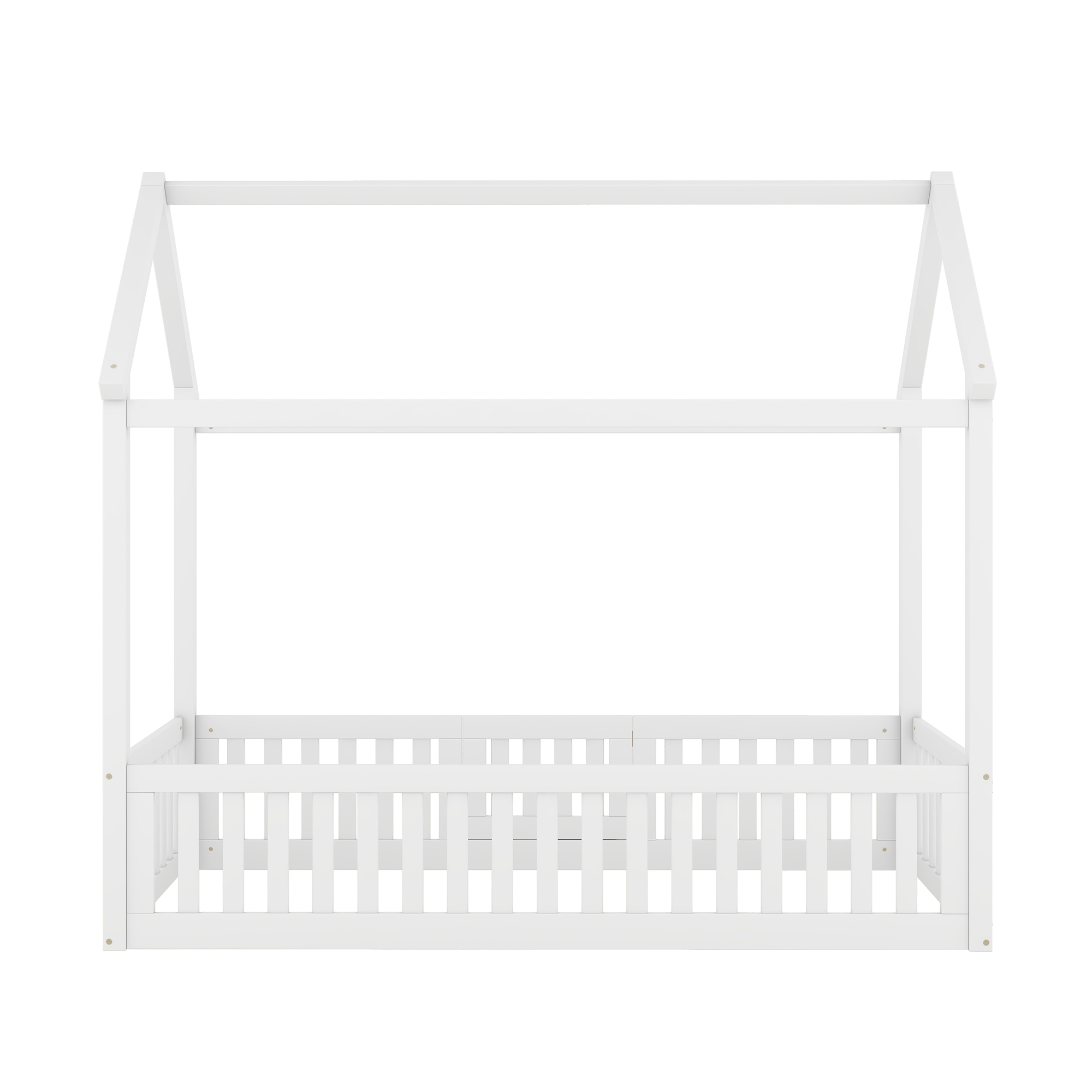 Twin/Full Size Wood House Bed with Fence and Door, Gray/White