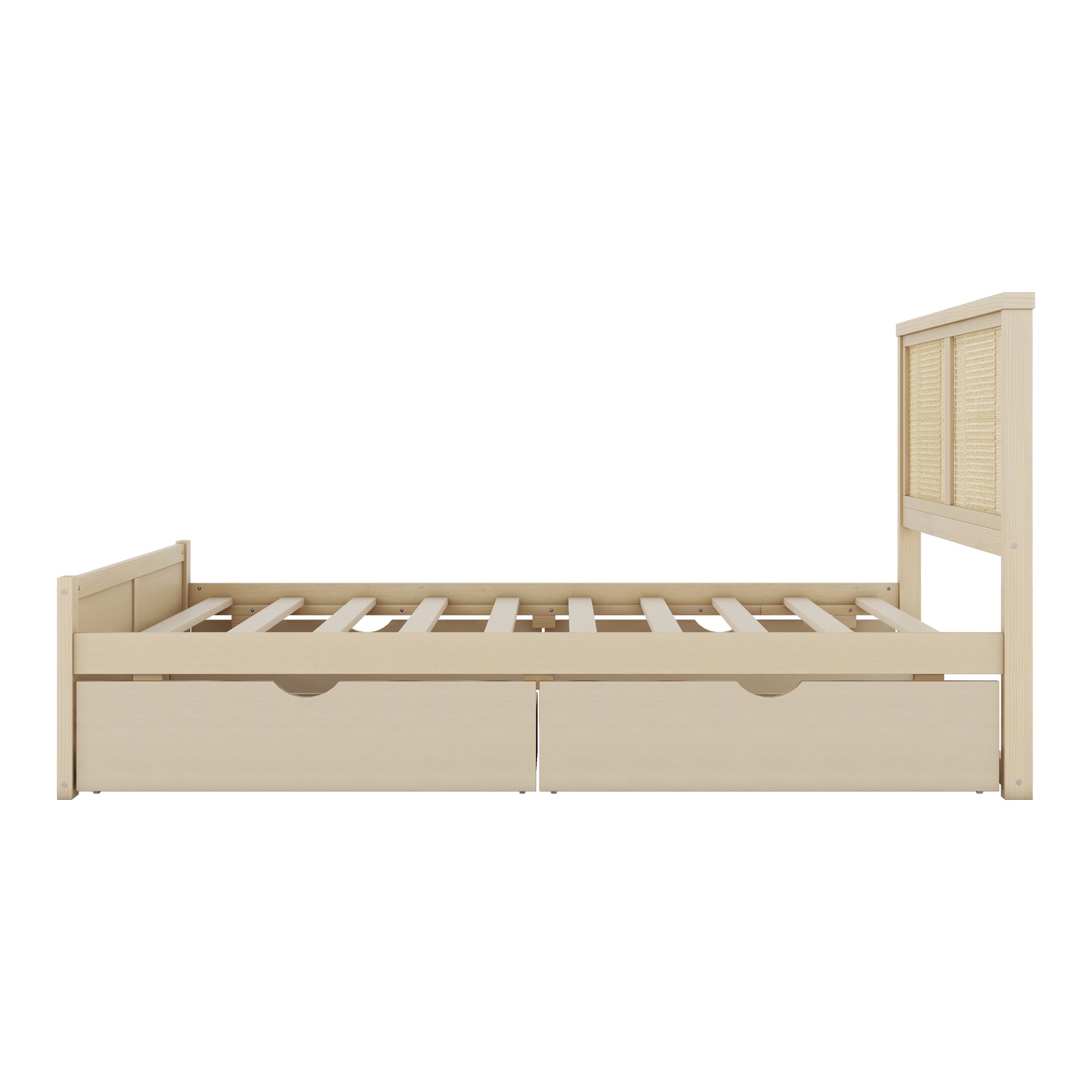 Queen/Full Size Wood Storage Platform Bed with 4 Drawers, Rattan Headboard, Espresso/Nature 