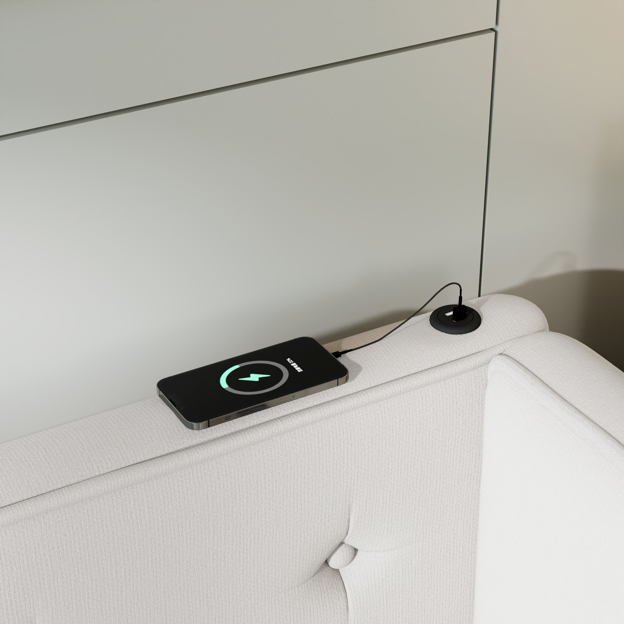 Upholstered Full/Queen Size platform bed with USB Ports, Beige 