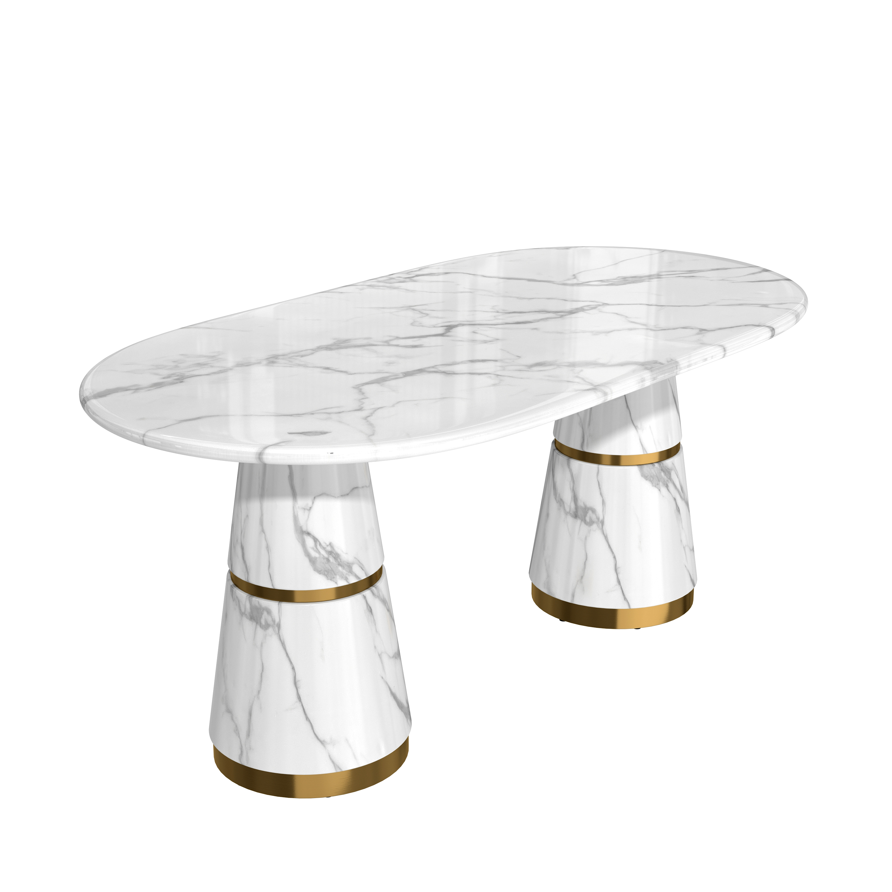 White Marble Top 70 in. W Conical Base Column Dining Table Seats-6 with Adjustable Foot Nails