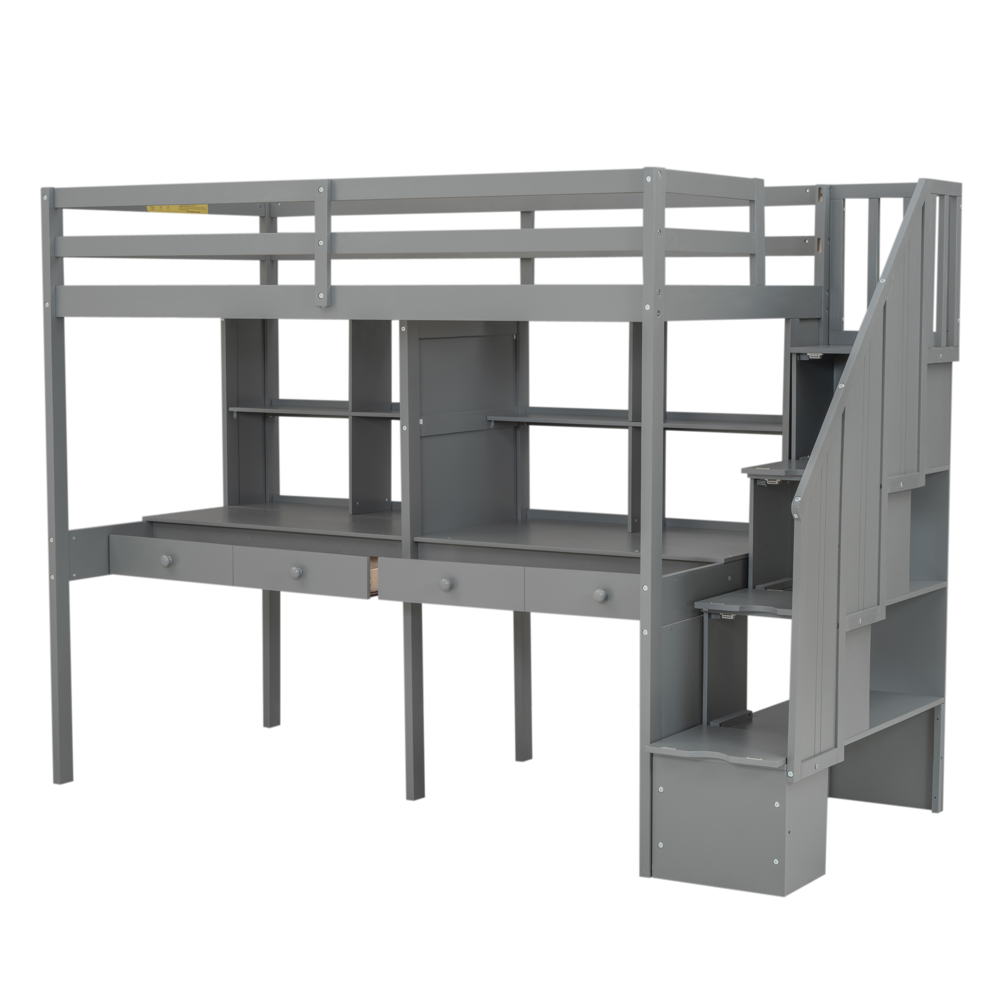 Twin Size Loft Bed Frame with Storage Staircase and Double Desks and Shelves,Gray/White