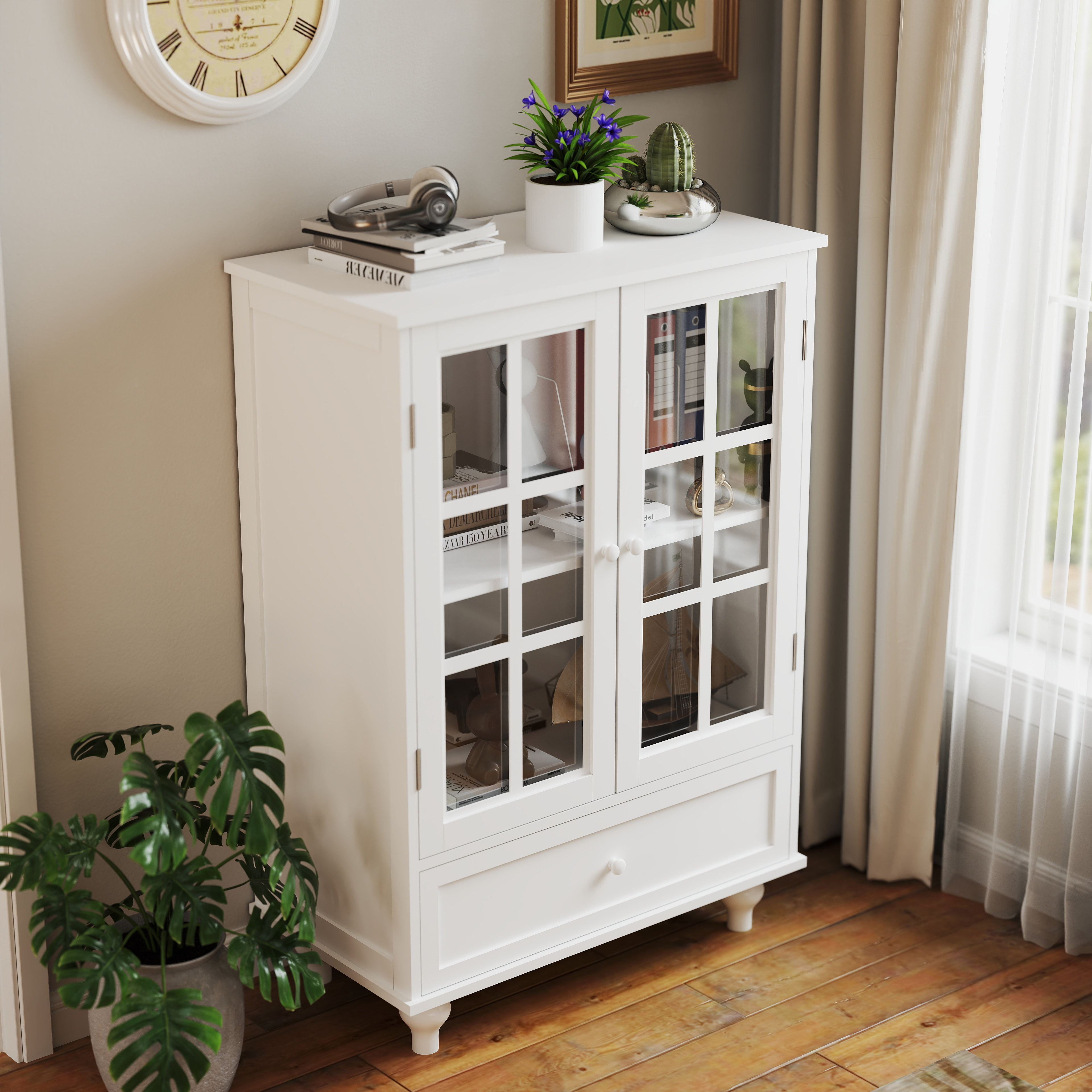 Minimalist White Buffet Cabinet with Double Glass Doors and Drawer, Modern Wooden Storage Sideboard Cupboard for Living room, Dining Room Hallway Entryway 