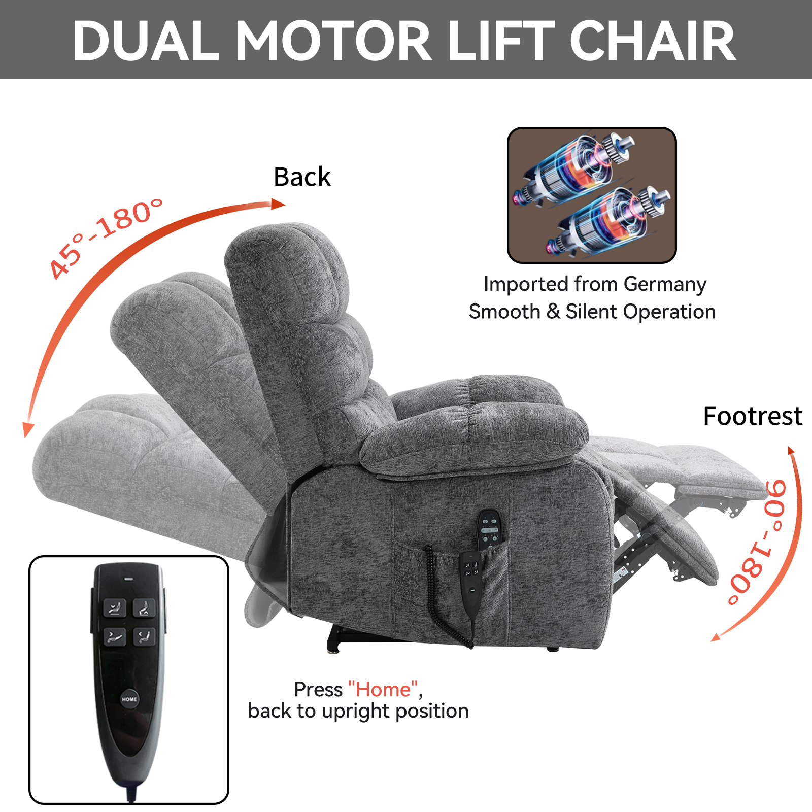 Lift Recliner Chair Heat Massage Dual Motor Infinite Position Up to 350 LBS Large Electric Power Lift Recliners with Power-Remote, Medium-firm and Heavy duty, Blue/Grey