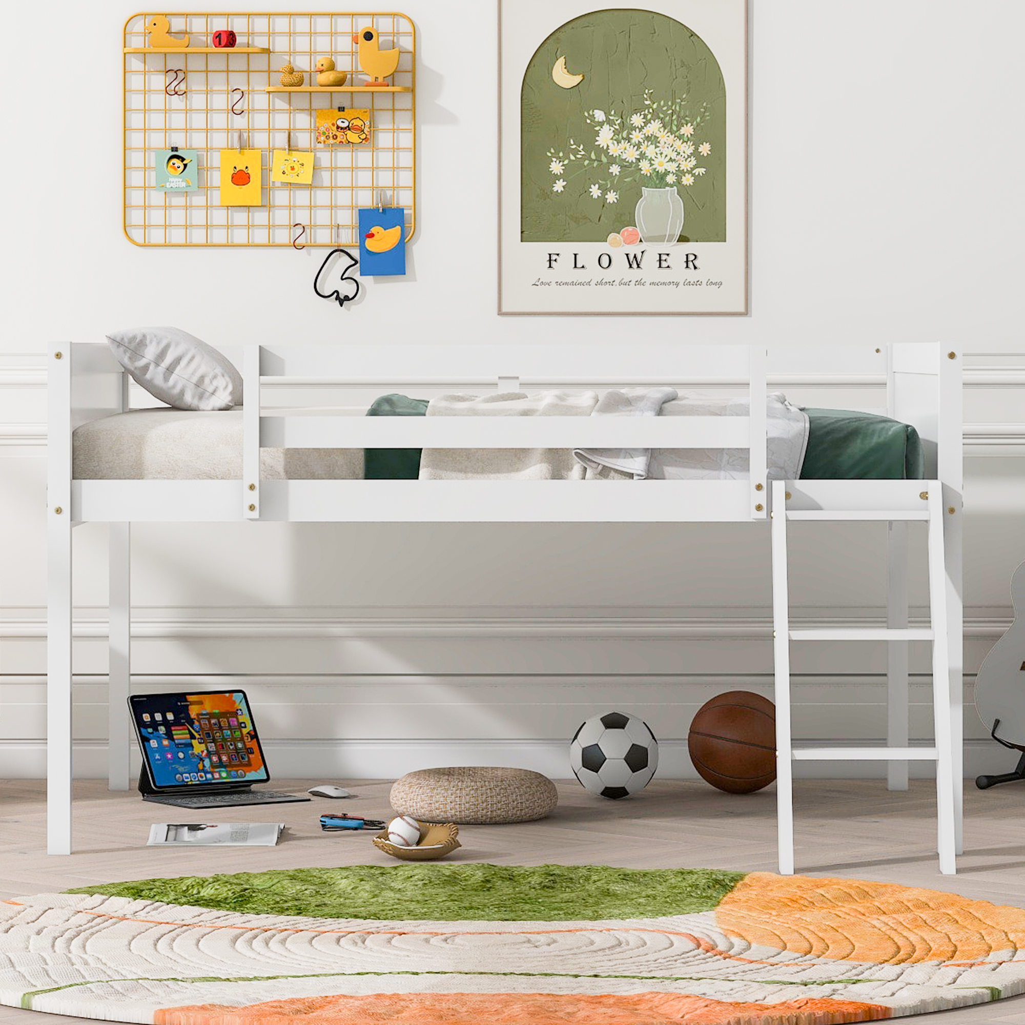 Full Size Wood Low Loft Bed with Ladder, ladder can be placed on the left or right, Gray/White