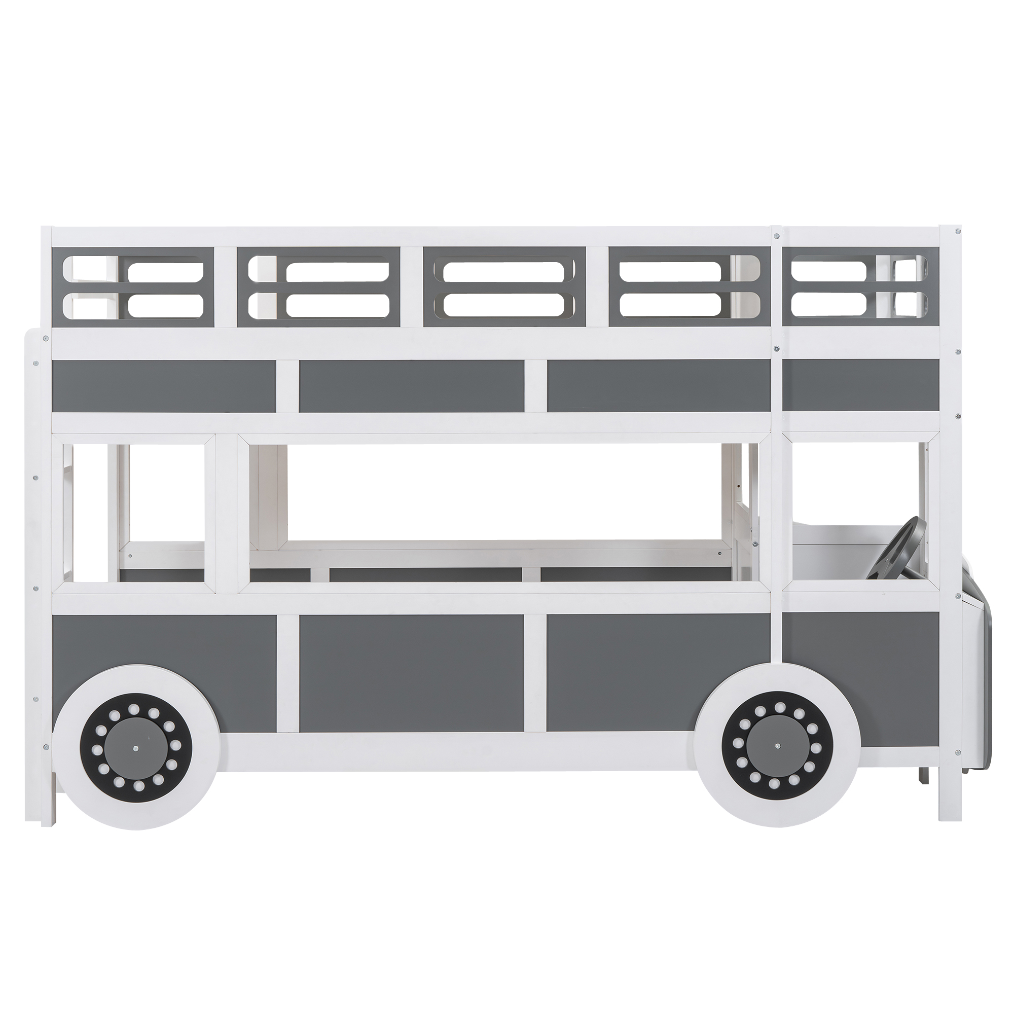 Twin over Twin Bus-shaped Bunk Bed with Wheels and Storage, Gray+White 