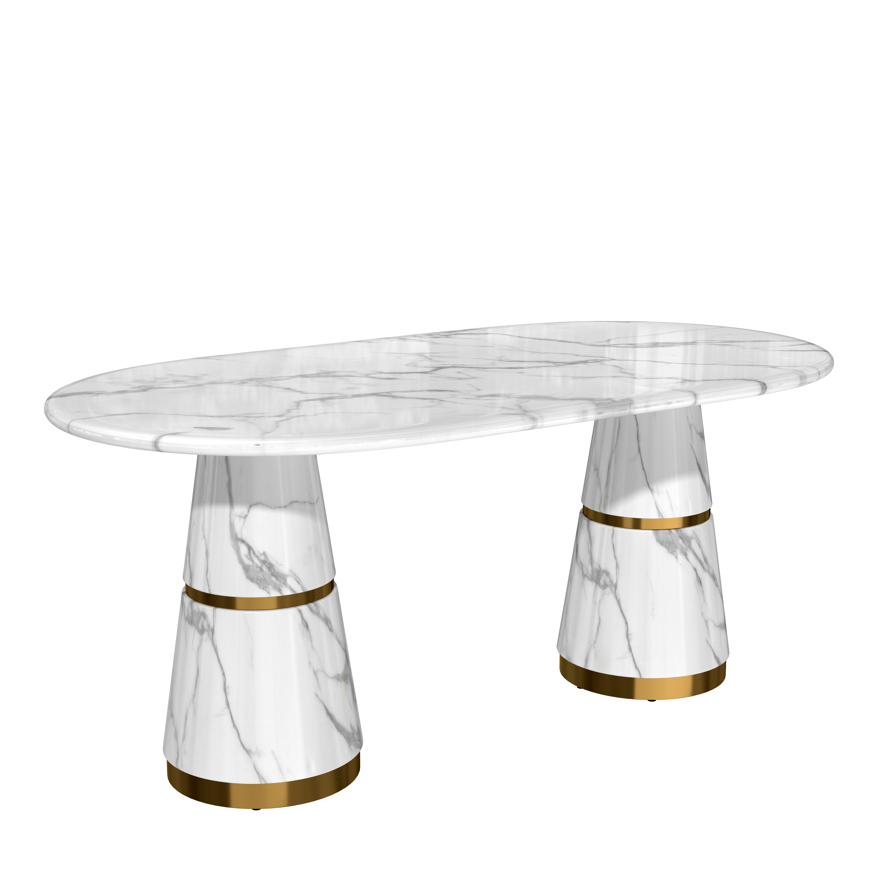 White Marble Top 70 in. W Conical Base Column Dining Table Seats-6 with Adjustable Foot Nails