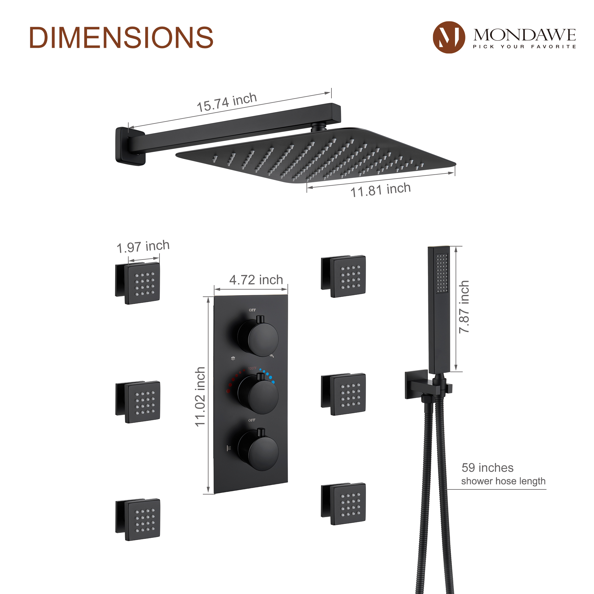 Mondawe Wall Mount Thermostatic Rain Head Shower System with Handheld Shower and Wall Body Jets-Mondawe