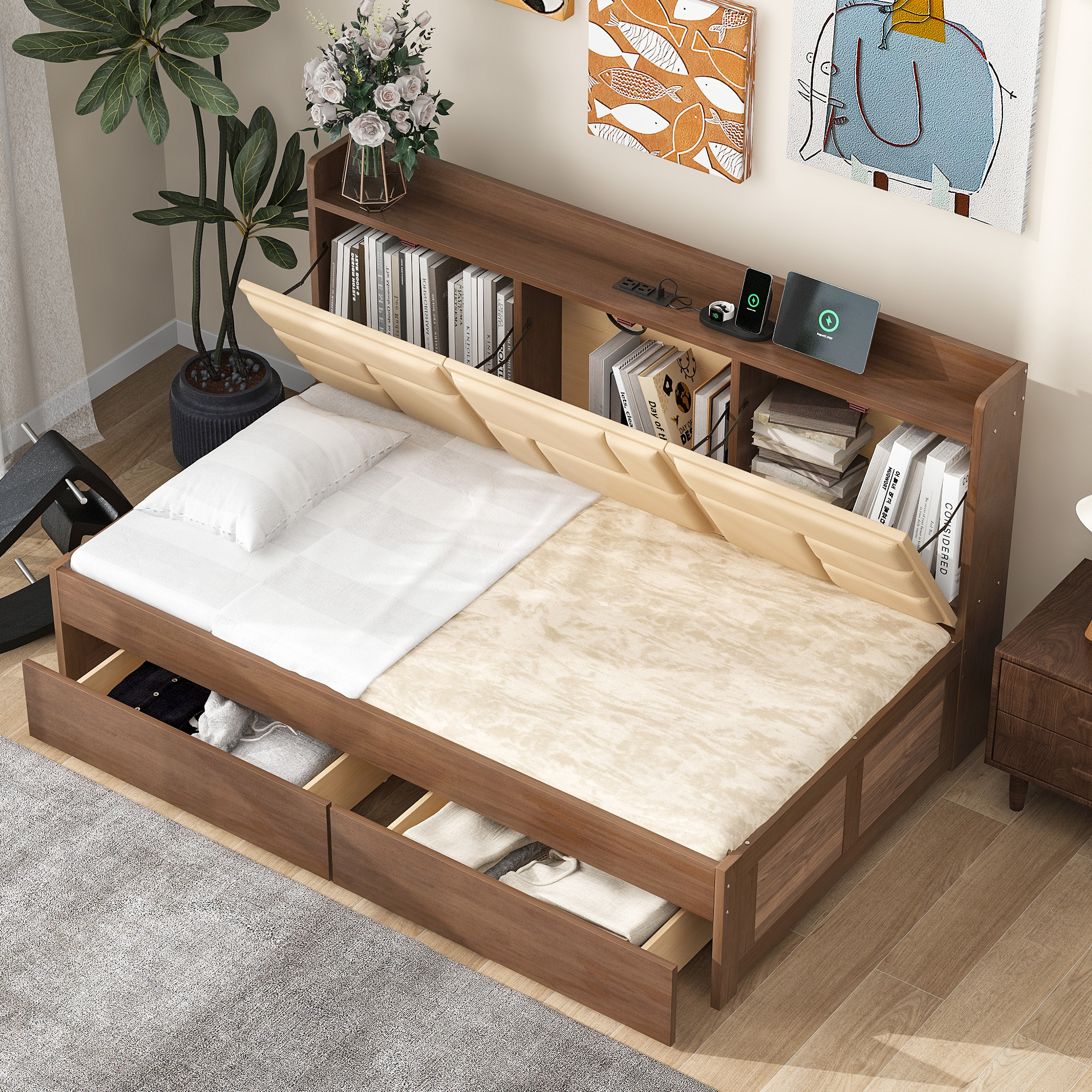 Full/Twin Size Wood Daybed with Upholstered Storage Shelves, USB Ports and 2 Drawers, Wood Color 