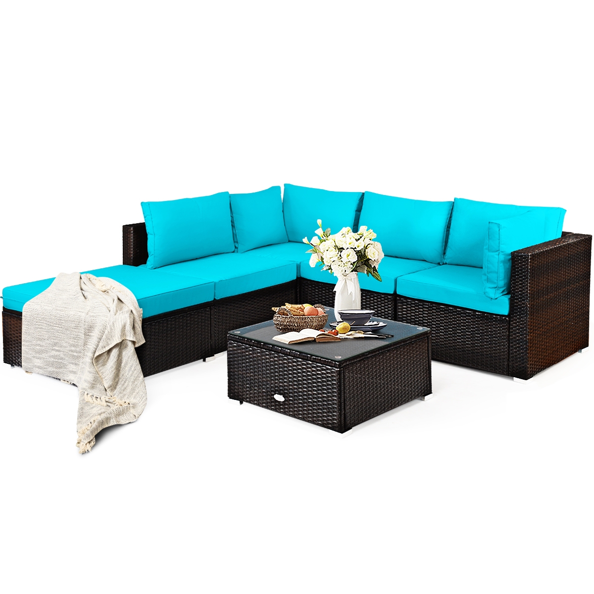 Mondawe 6 Pieces Outdoor Patio Rattan Furniture Set Sofa Ottoman-Turquoise-Mondawe