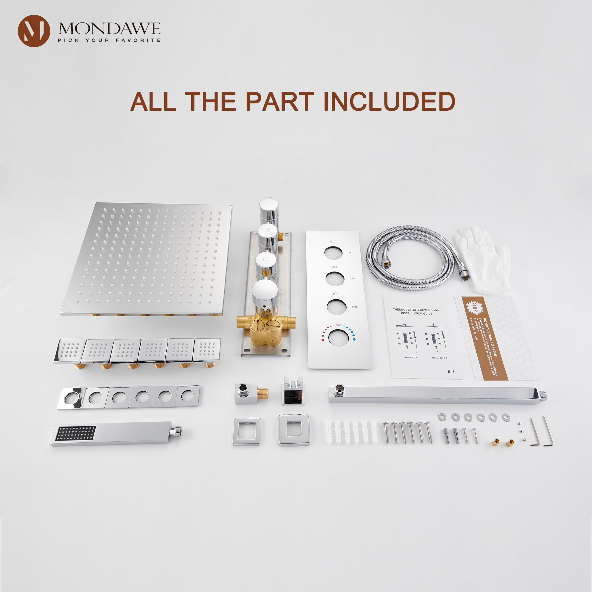 CH-Mondawe Luxury Wall Mount Rain Shower Head with 6 Shower Jet and LED 3-Spray Patterns Thermostatic 12 in. -Mondawe