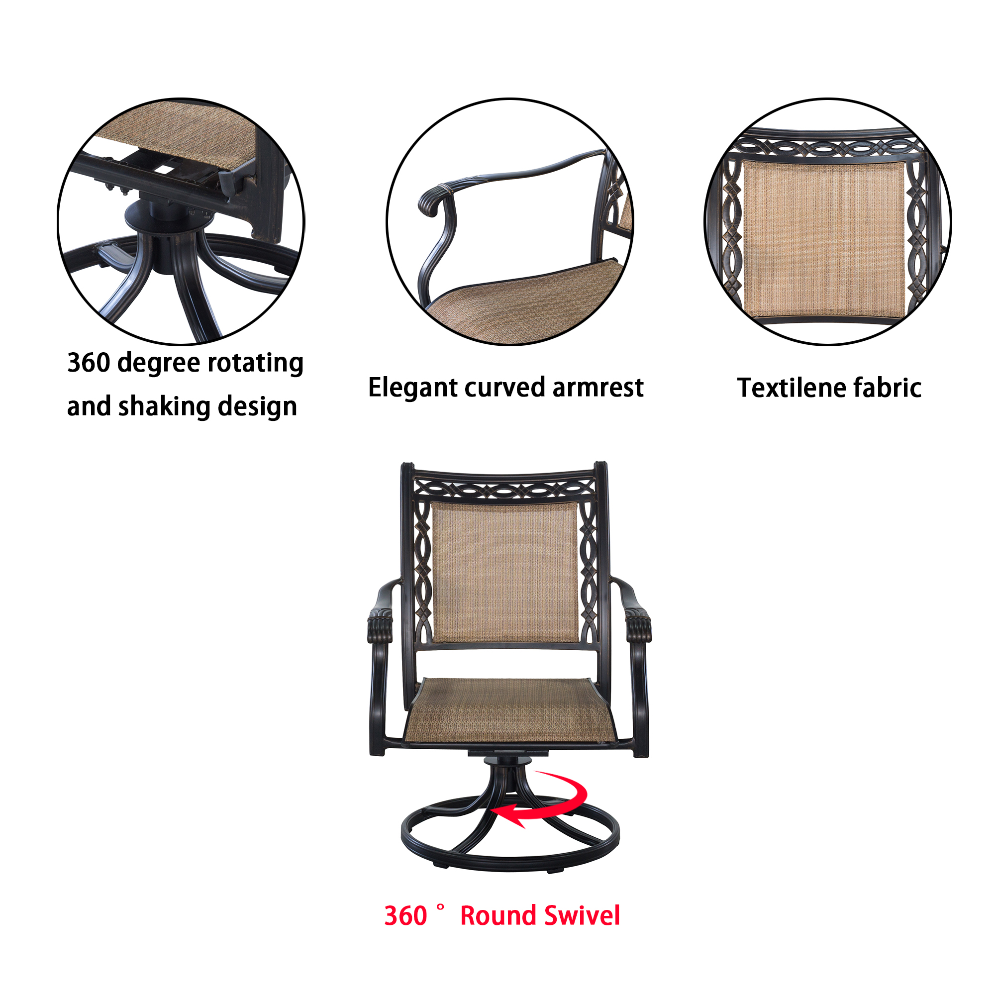 Mondawe 5-Piece Outdoor Patio Cast Aluminum Swivel Chair Set with Round Table(Brown)-Mondawe