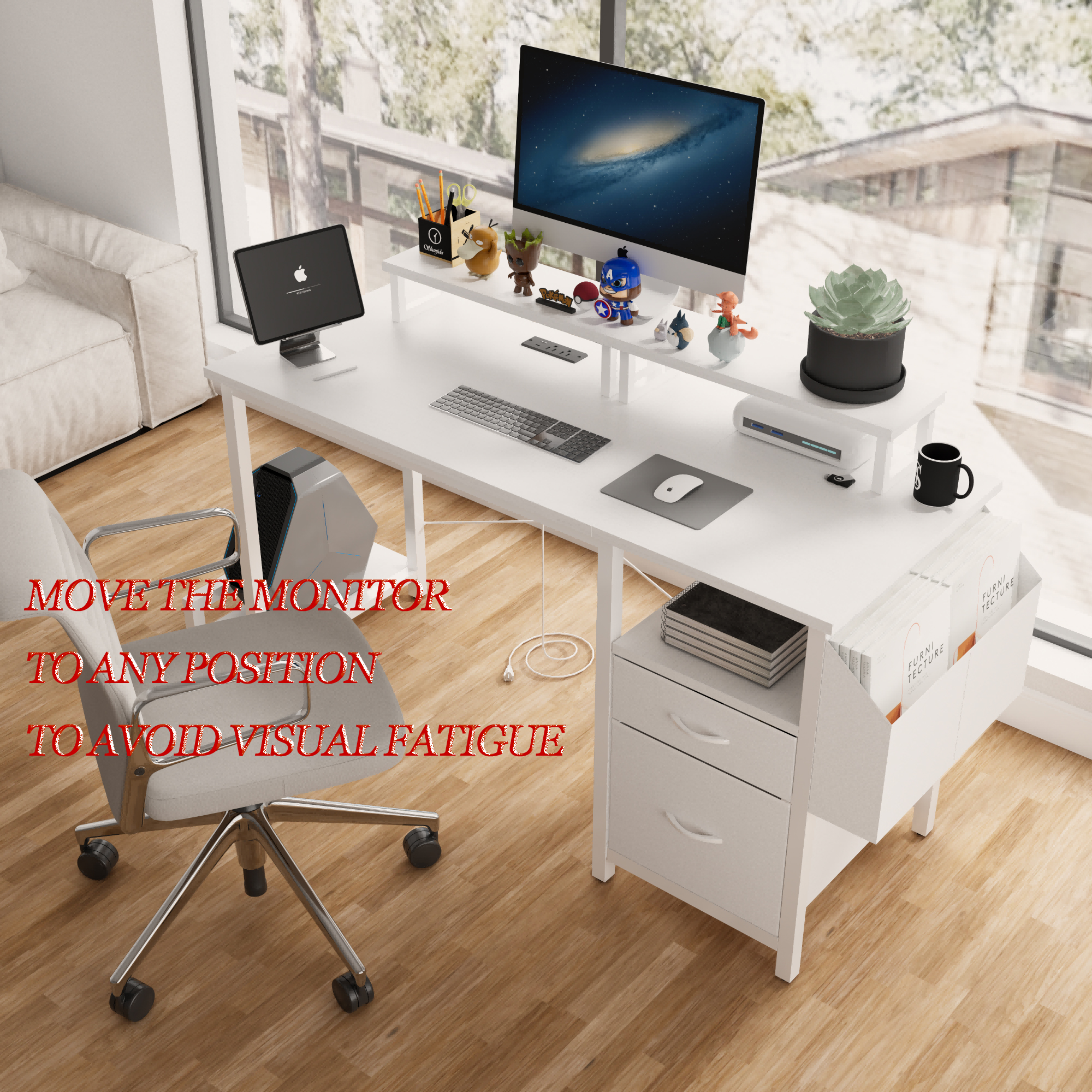 47.3" Computer Desk with power outlet,Monitor Stands,Shelves, Office Desk/Writing Table/Gaming desk With drawers,Large Side Pocket and Hooks,Easy to Assemble,Frame stability Reversible,Black