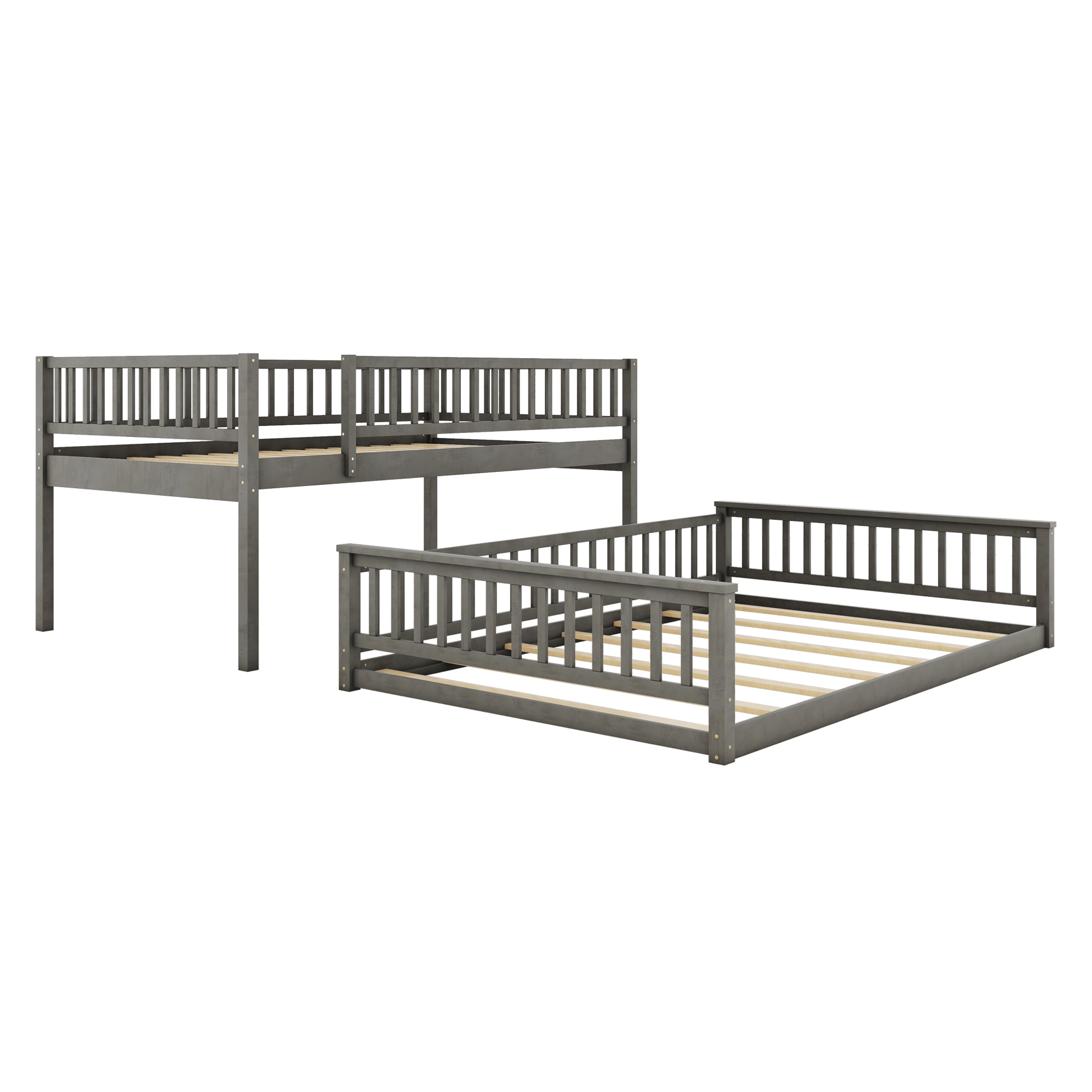 Full XL over Queen Bunk Bed with Ladder and Guardrails, Gray/Walnut