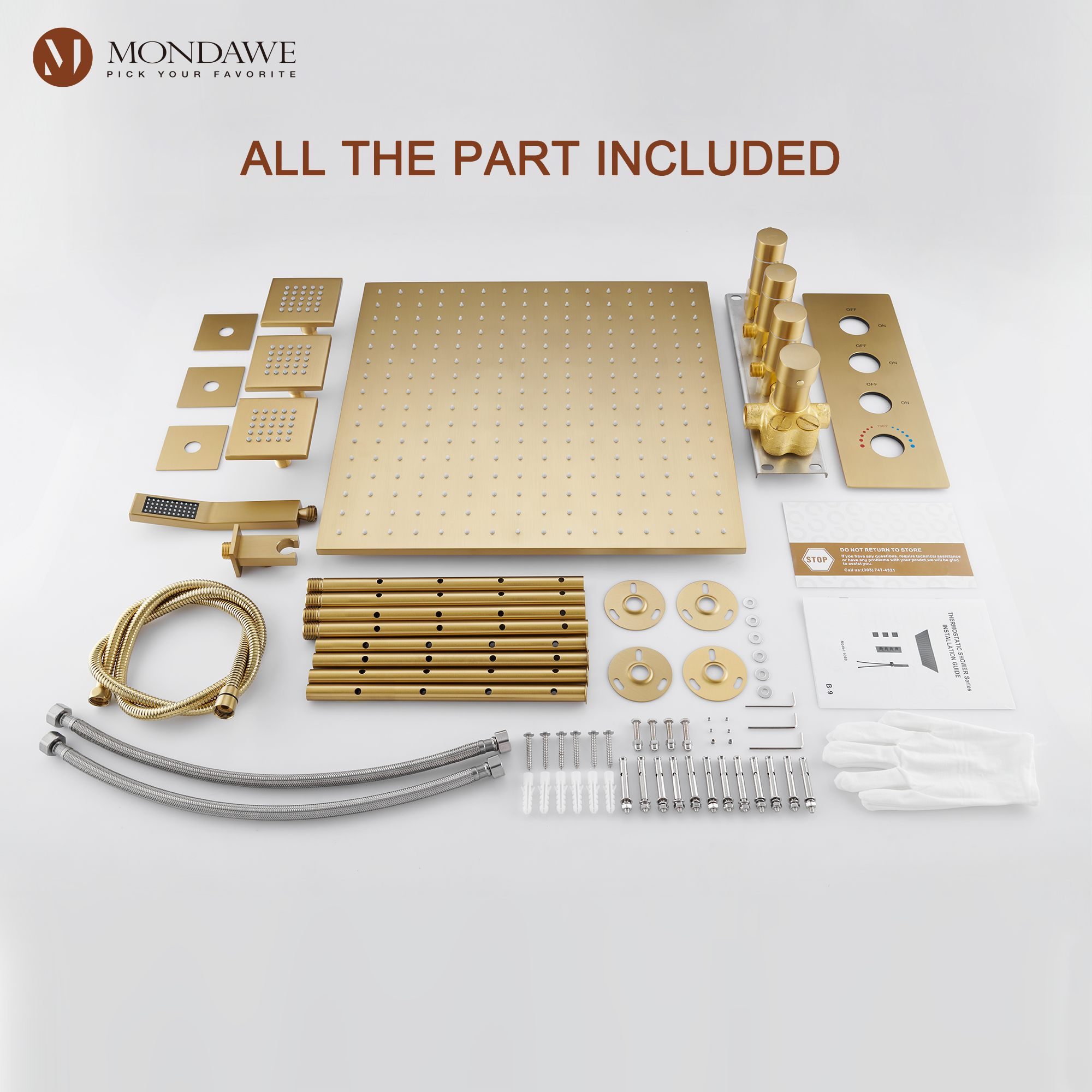 20 Inch Ceiling Mounted Rain Shower Head System Luxury 3-Spray Patterns Thermostatic Shower Faucets Sets Complete with 3-Function Shower Head and Solid Brass Handshower-Mondawe