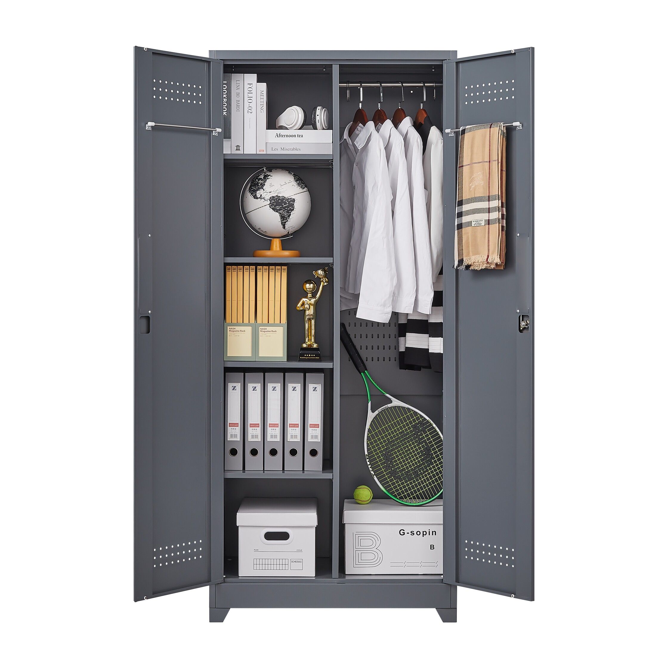 Metal Storage Cabinets, Cleaning Tool Cabinet with Locking Door, Tall Broom Tool Organizer and Storage, Large Storage Cabinet for Kitchen, Pantry, Office, Shop 