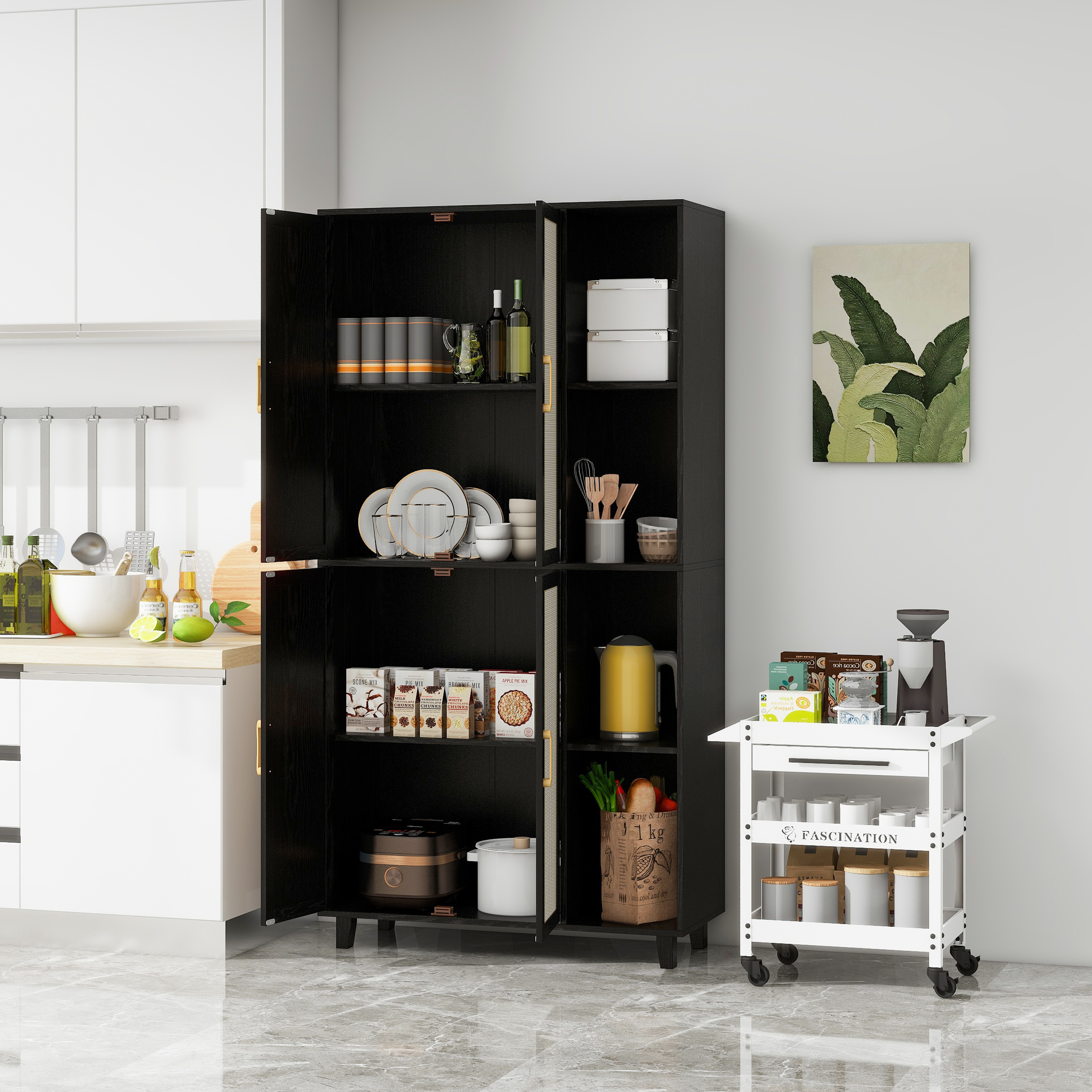 4 Door Cabinet with 4 Shelves with 4 Adjustable Inner Shelves, Storage Cabinet,  Black / Natural 