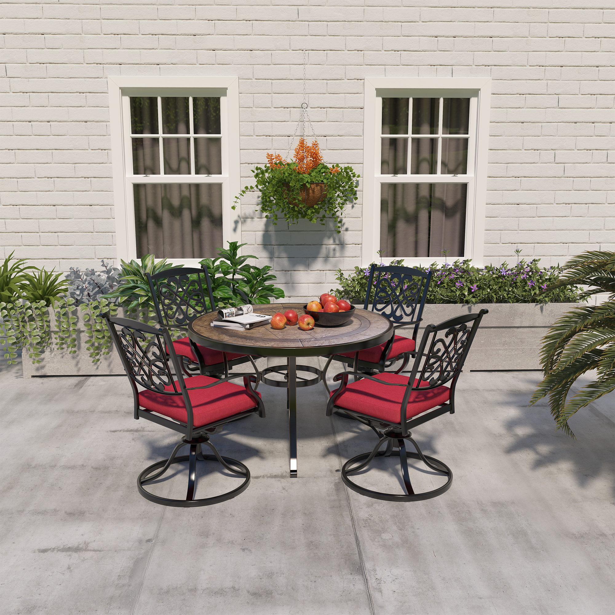 Dark Gold Round Aluminum 28 in. H Faux Wood Top Outdoor Patio Dining Table with Umbrella Hole-Boyelliving