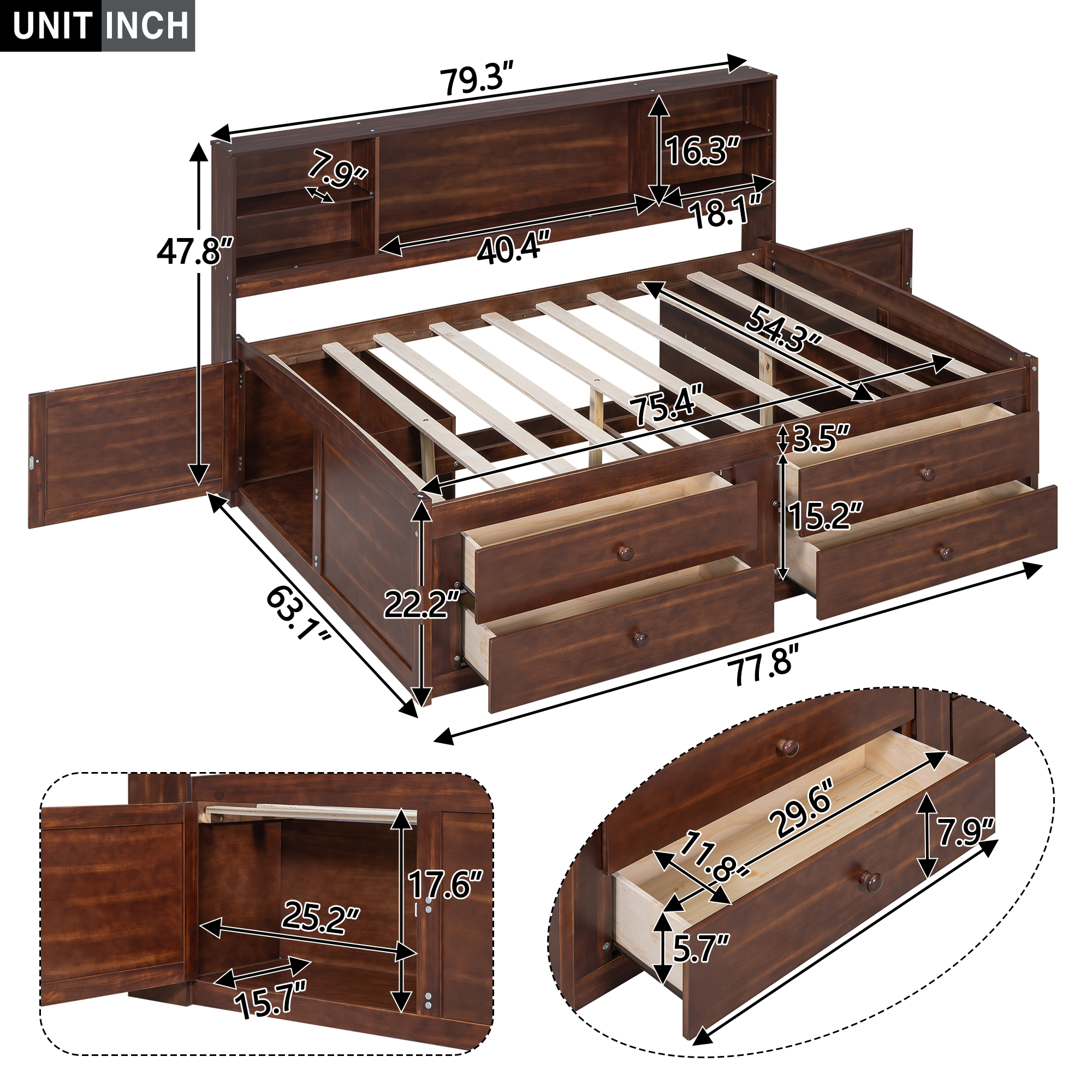 Full Size Wooden Captain Bed with Built-in Storage Shelves, 4 Drawers and 2 Cabinets, Antique Brown 