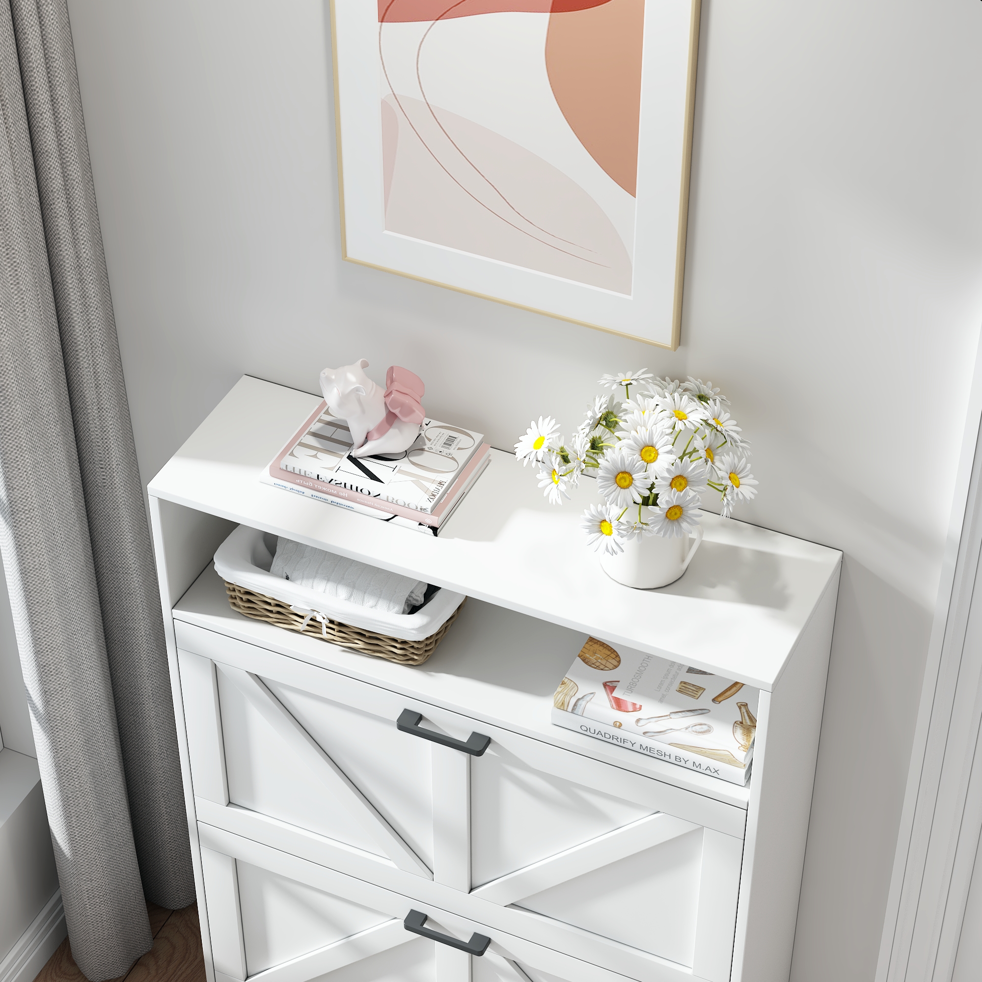 Farmhouse Shoe Storage Cabinet with Barn Door Design, Shoe Organizer with 2 Flip Drawers, Freestanding Narrow Shoe Rack Cabinet with Open Storage for Entryway,Foyer,Hallway,(Antique White/Natural Wood) 