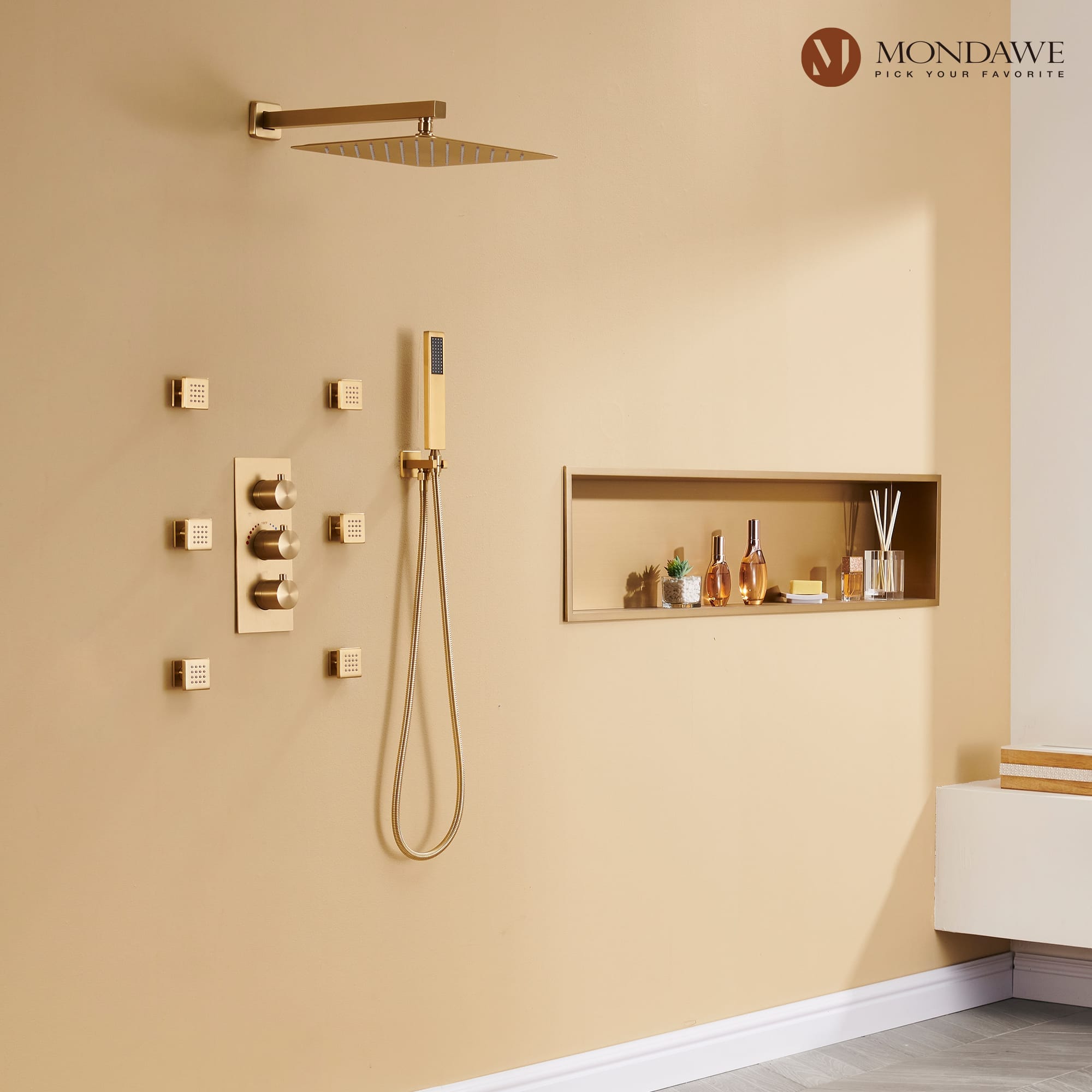 Mondawe Wall Mount Thermostatic Rain Head Shower System with Handheld Shower and Wall Body Jets-Mondawe