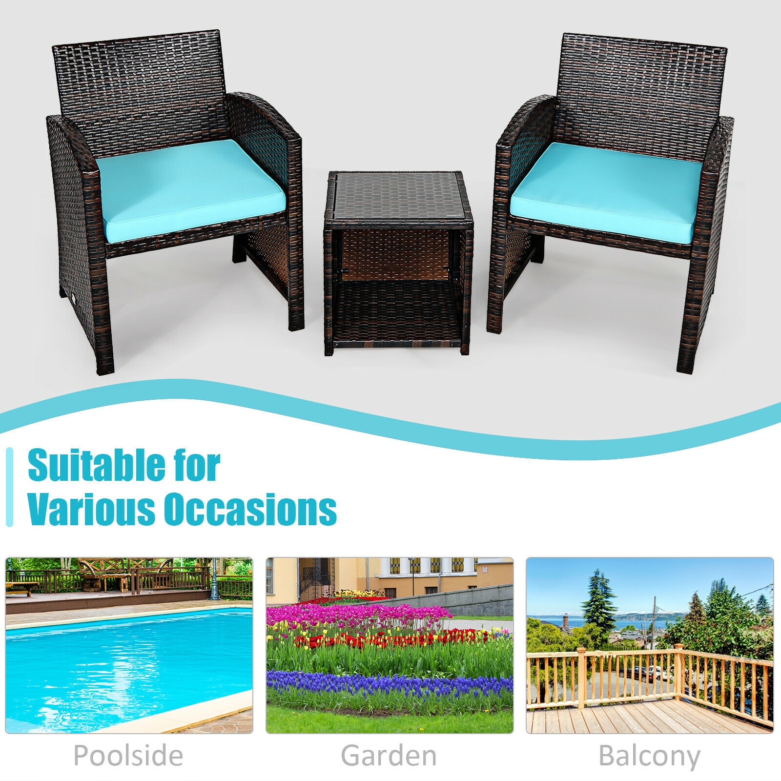 Mondawe 3 Pieces PE Rattan Wicker Furniture Set with Cushion Sofa Coffee Table for Garden-Turquoise-Mondawe