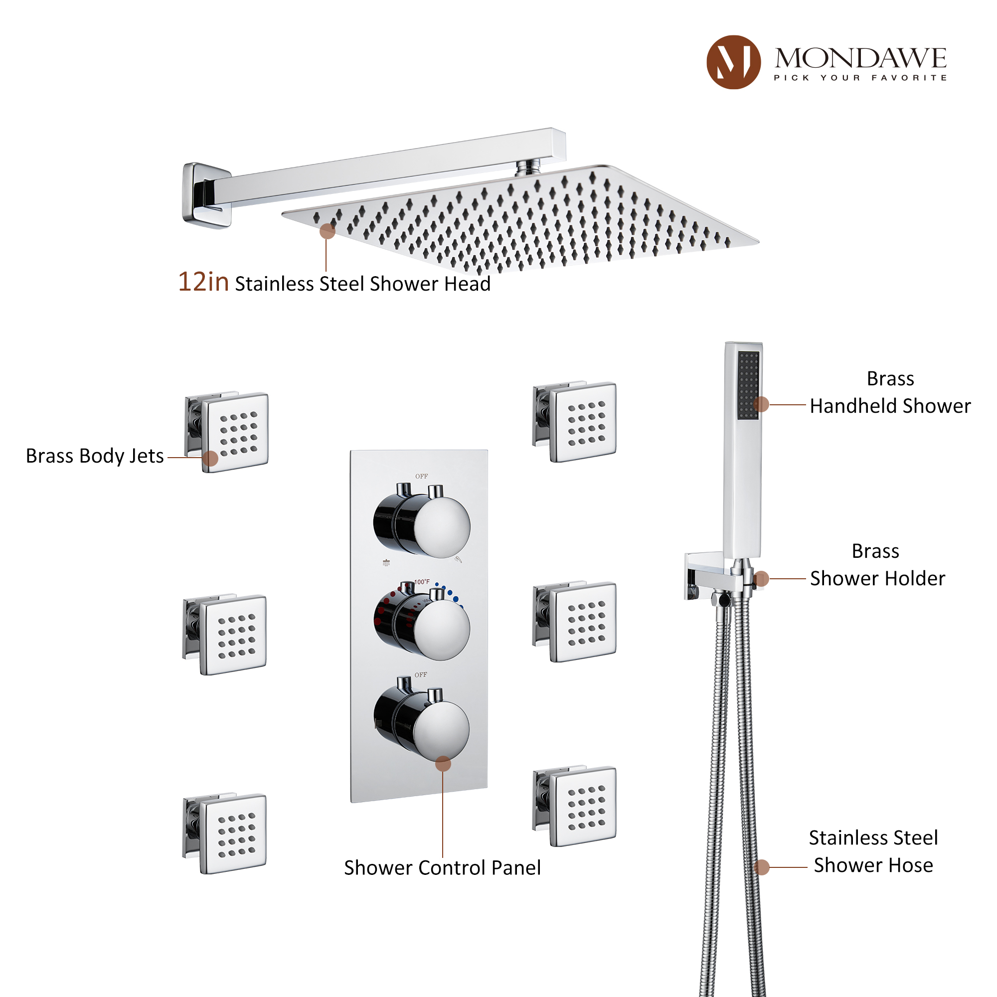 Mondawe Wall Mount Thermostatic Rain Head Shower System with Handheld Shower and Wall Body Jets-Mondawe