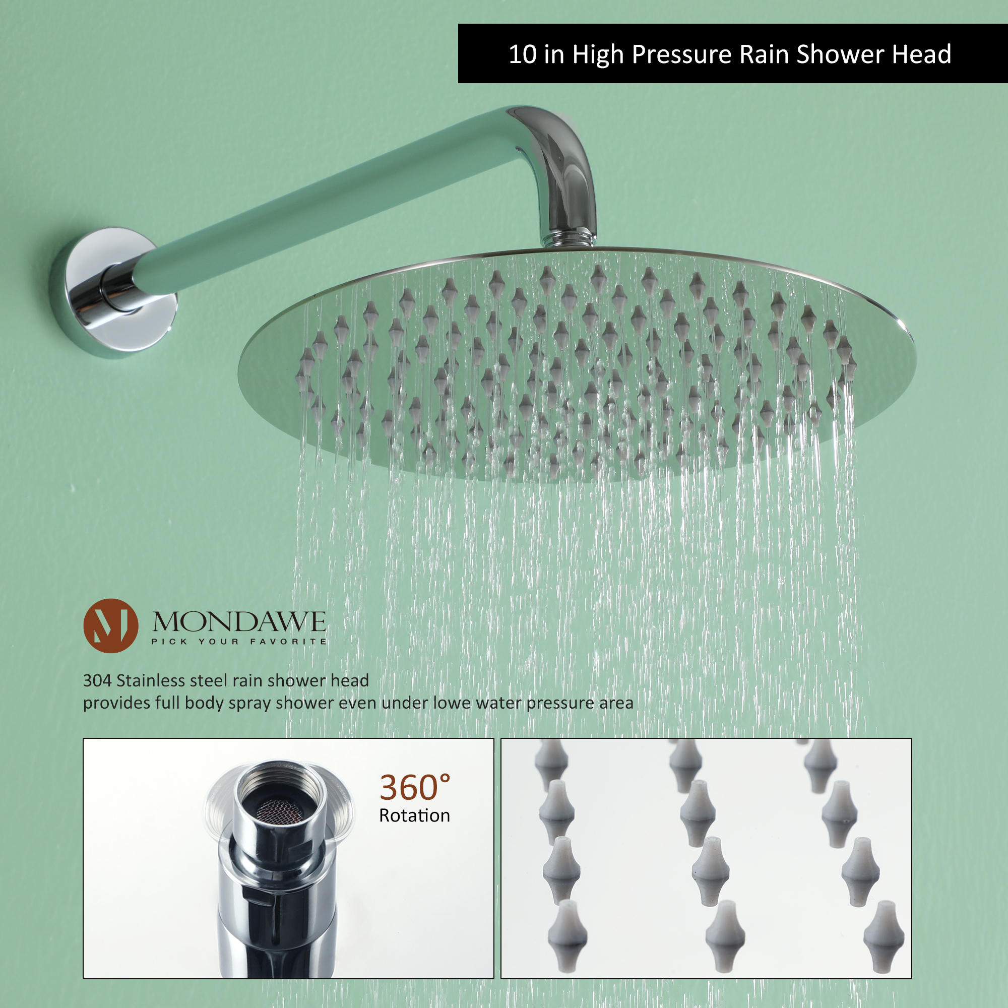 Mondawe Three function Pressure Balance Shower Set with 10 in Round Shower Head(5 color, Valve Included)-Mondawe