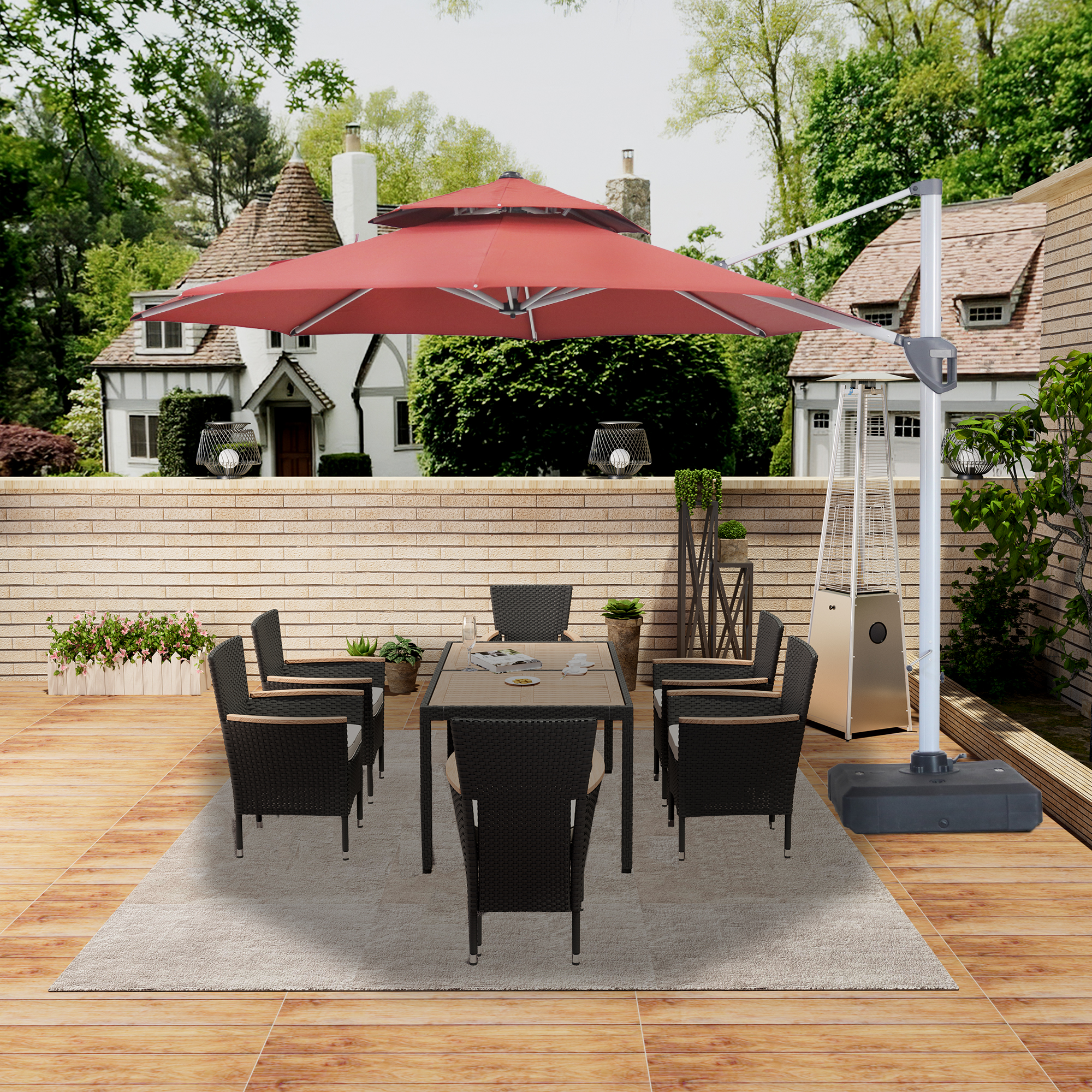 10/11ft Square Cantilever Patio Umbrella with 5 Adjustable Angles, Outdoor Sunshade with Base for Deck, Garden, or Pool