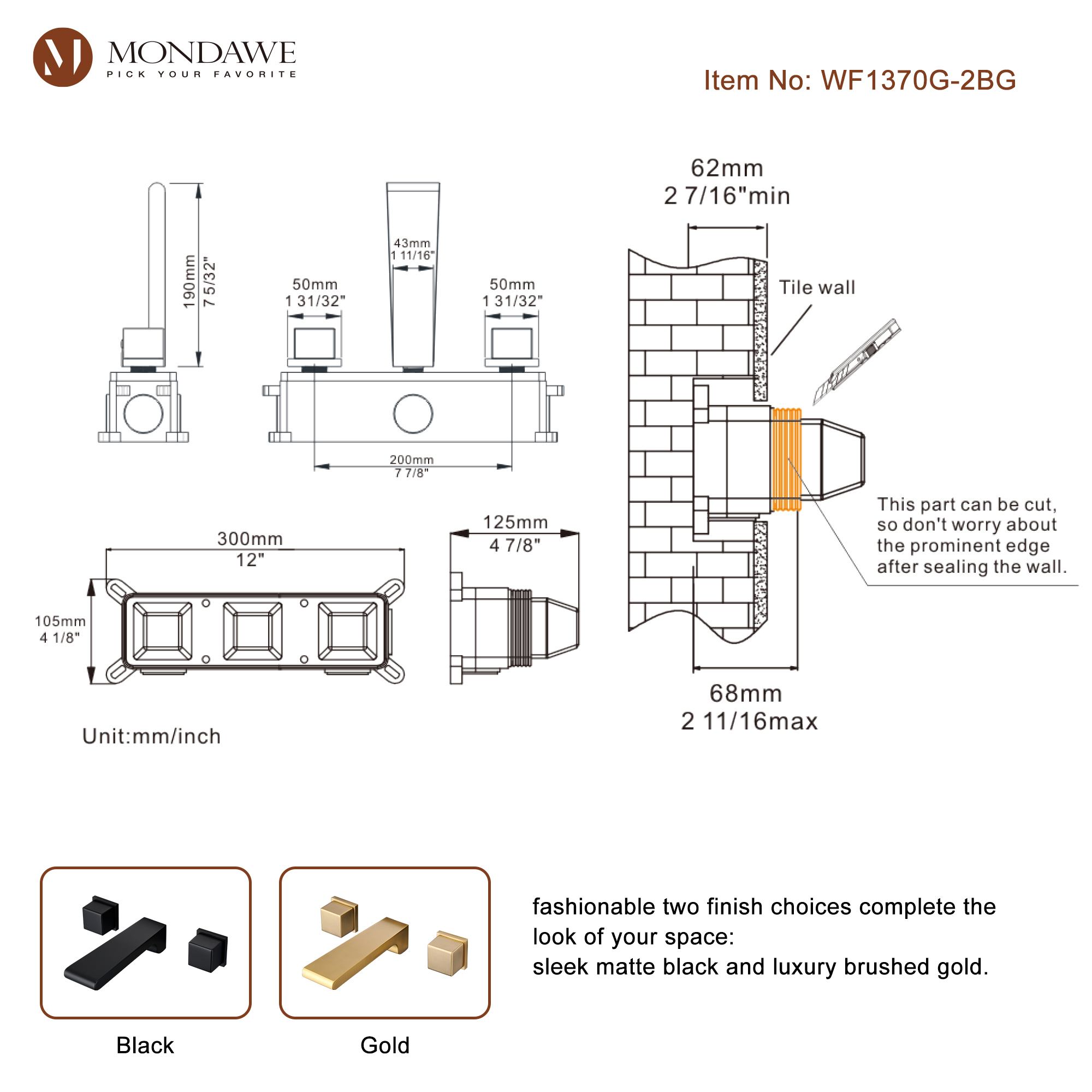 Mondawe Spot Free Widespread Wall Mount 3-Hole Sink  Water Tap with Double Handle-Mondawe