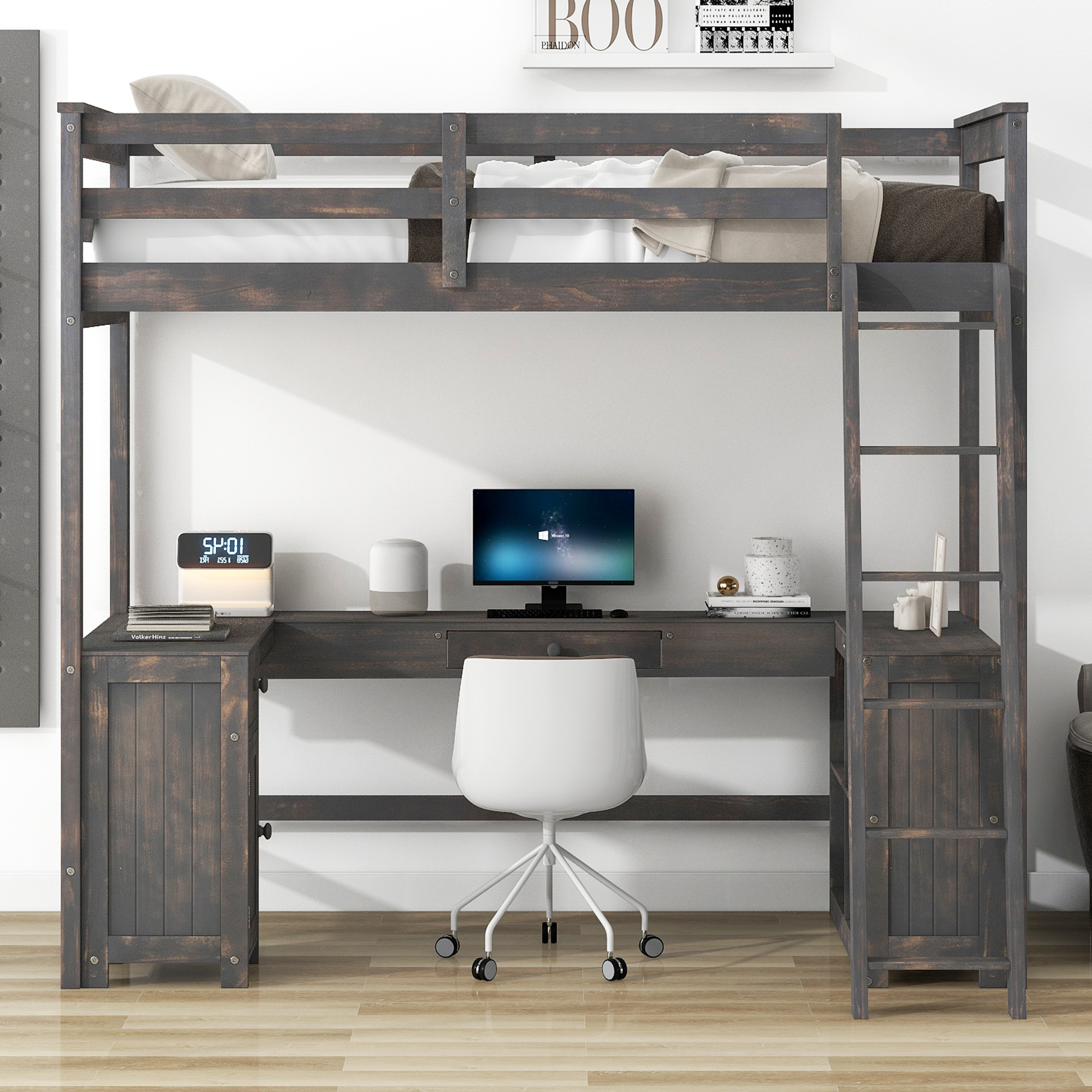 Full/Twin Size Loft Bed with U-shaped Desk, Drawers and Storage Shelves, White/Antique Brown 