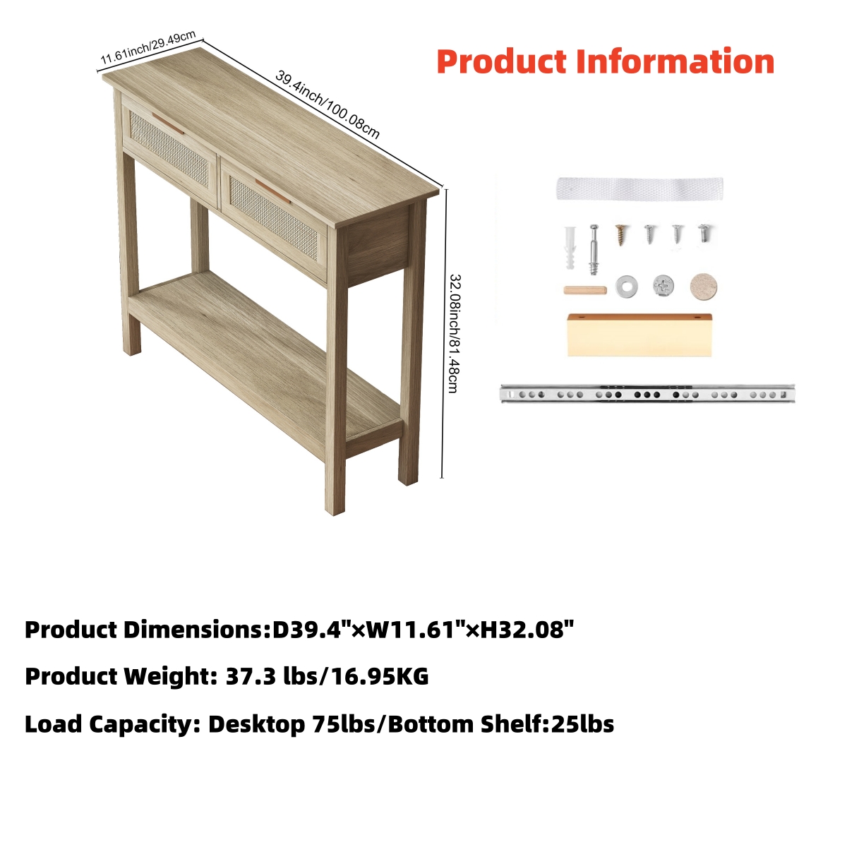Boho Style Console Table with 2 Rattan Drawer and Bottom Storage Shelf for Entryway, Minimalist Side Table with Rattan Storage Drawer and Shelf for Living room, Hallway 