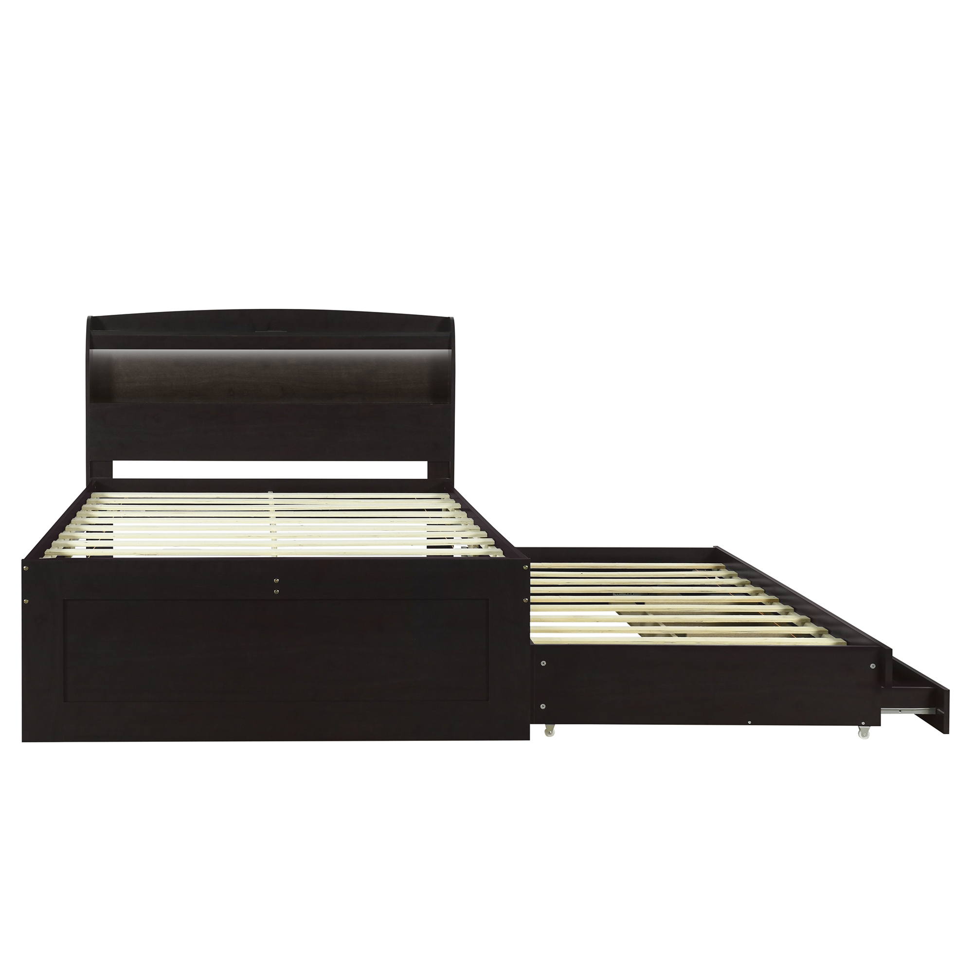 Full XL Size Platform Bed with Storage LED Headboard, Charging Station, Twin Size Trundle and 2 Drawers, Gray/Dark Brown