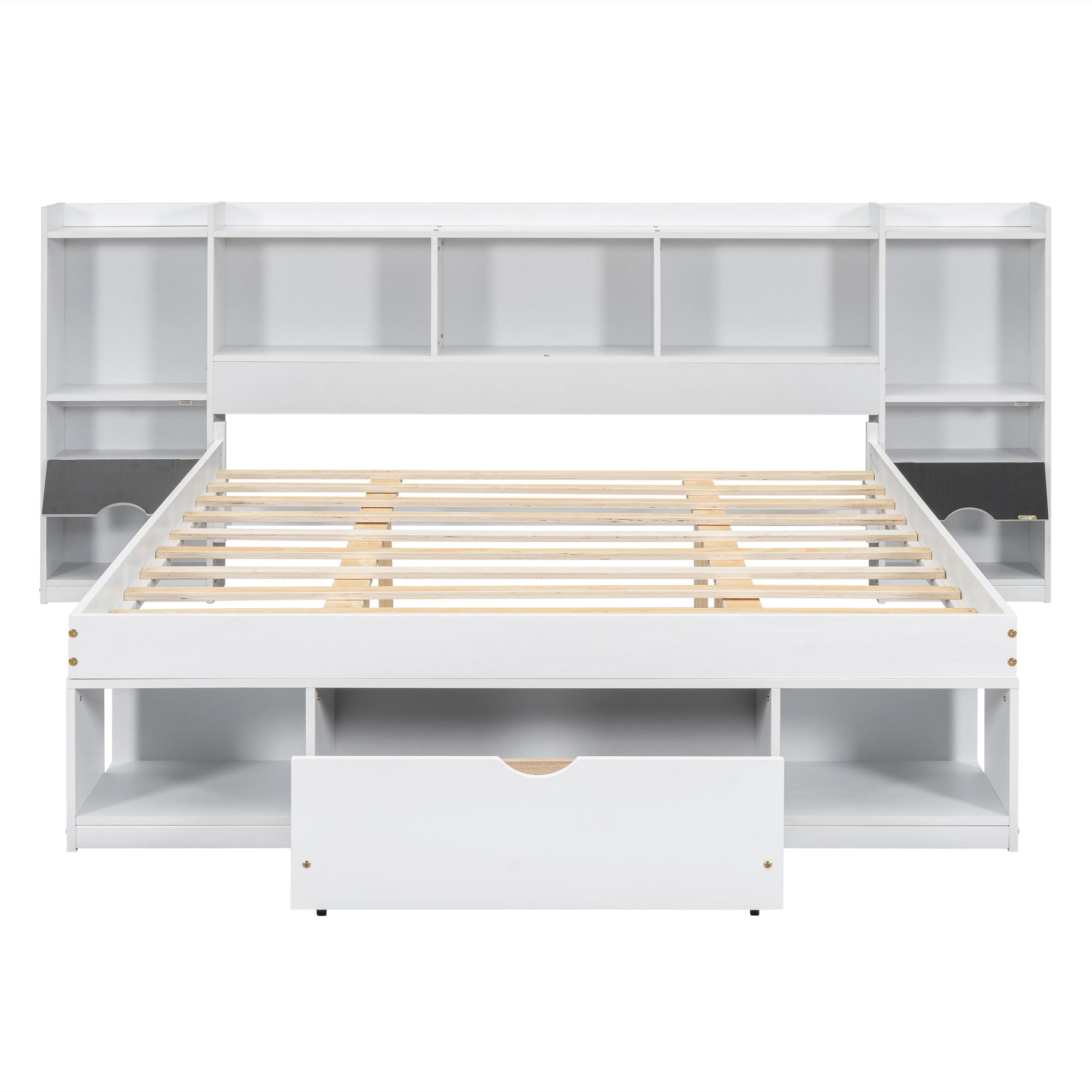 Queen Size Wood Platform Bed with Multi-storage Headboard and a Drawer, White/Gray