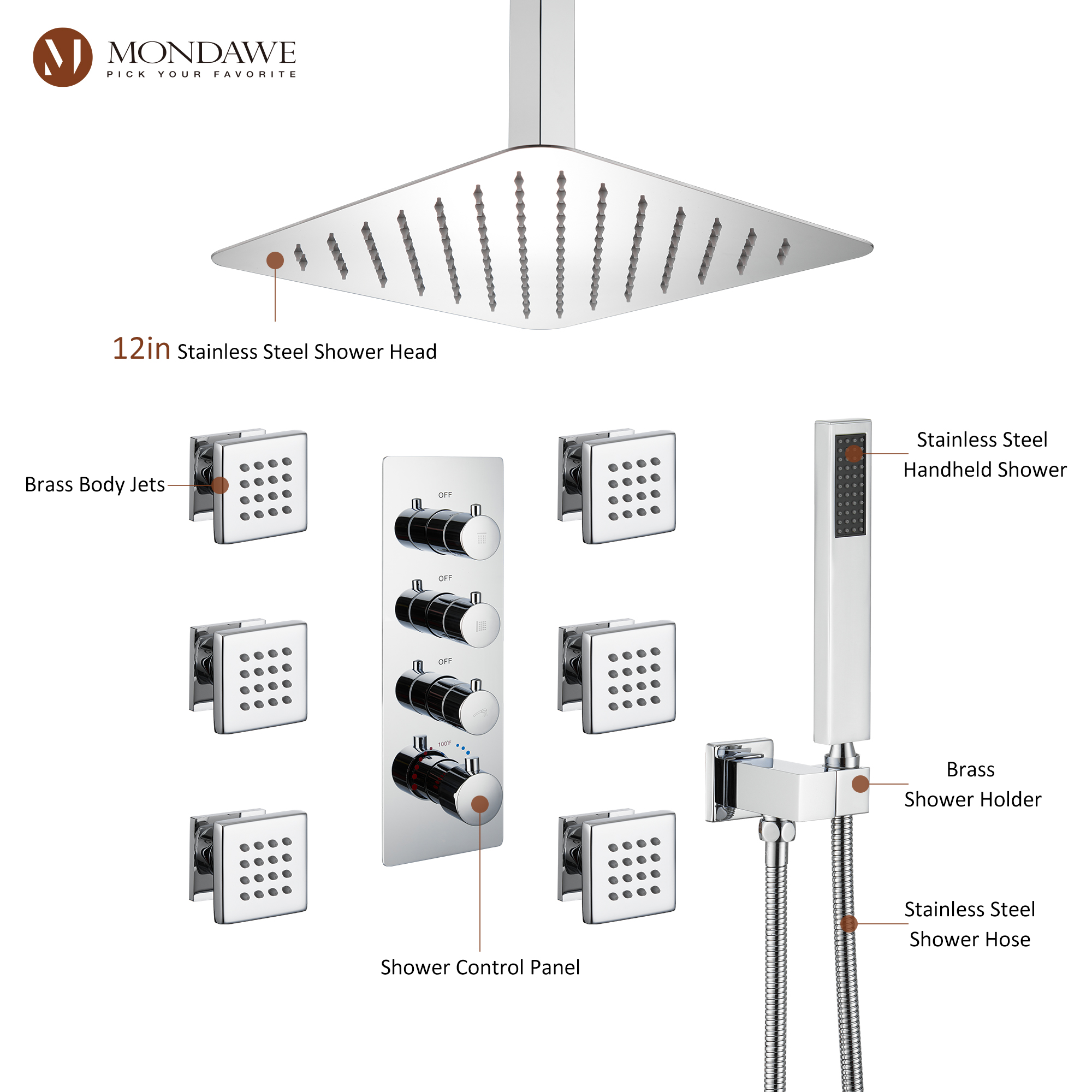Mondawe Ceiling Mount Thermostatic Rainfall Shower System Set with Hand Held Shower Head and 6 Body Jets-Mondawe