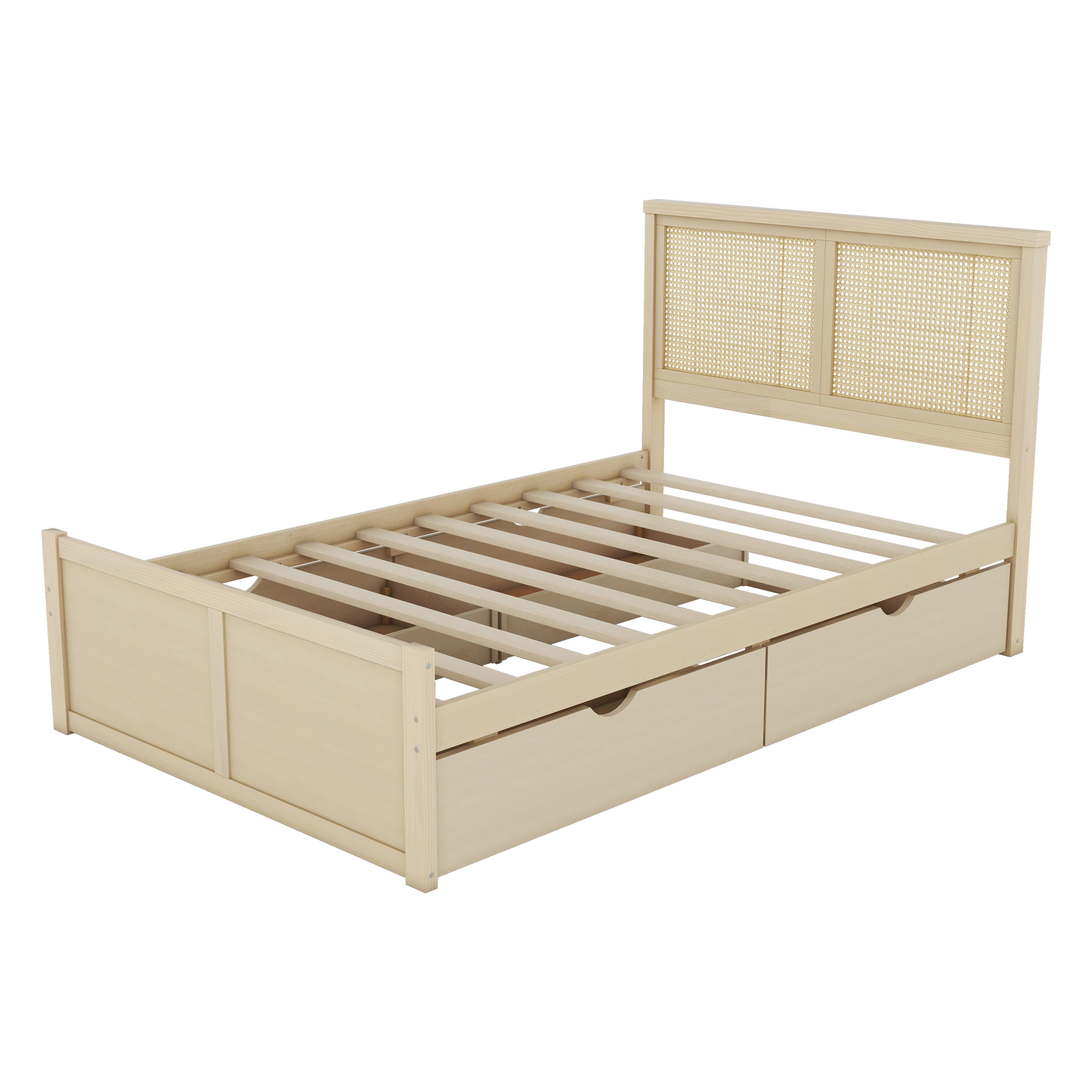 Queen/Full Size Wood Storage Platform Bed with 4 Drawers, Rattan Headboard, Espresso/Nature 